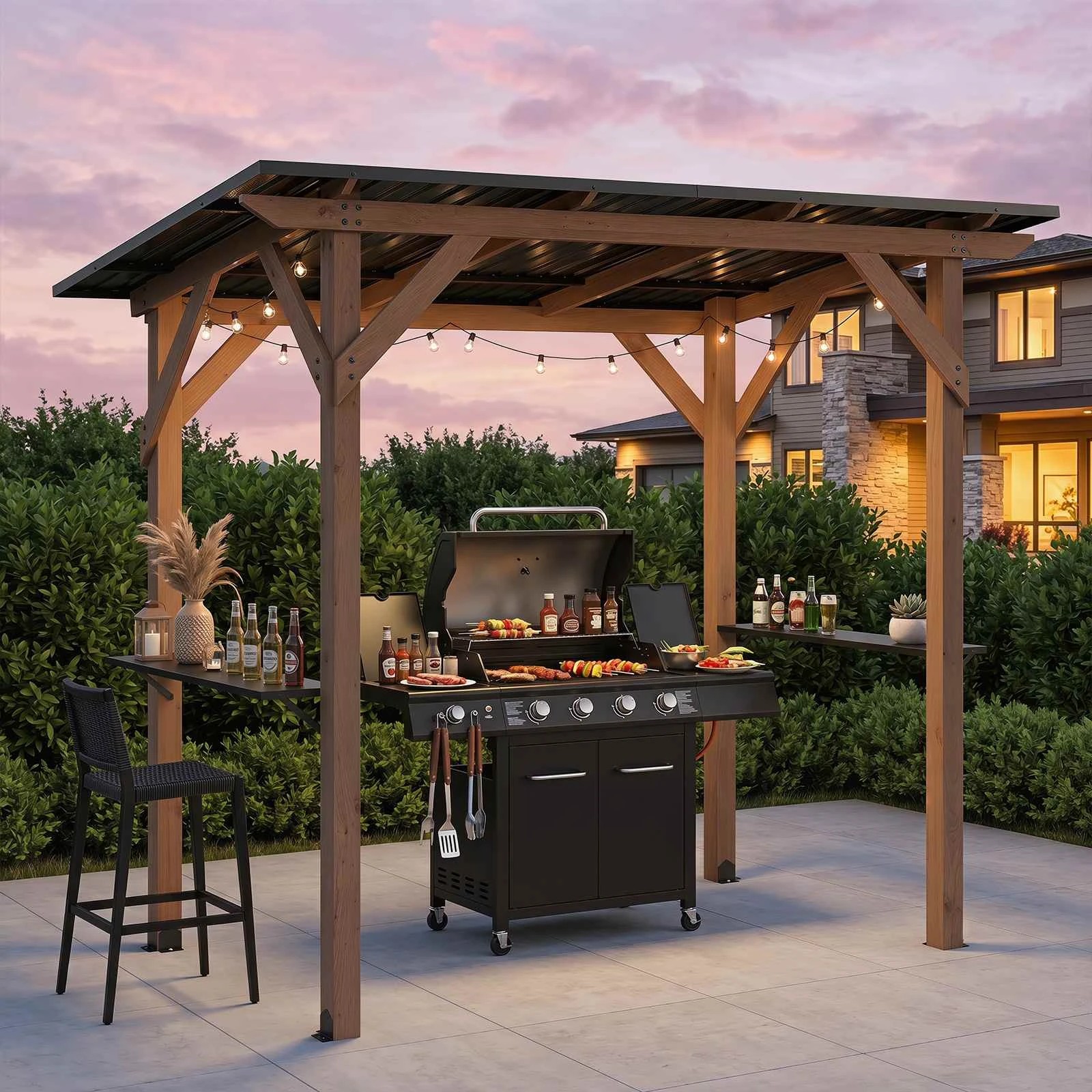 2 Costway 263x151cm BBQ Grill Gazebo Cedar Wood w/2 Side Serving Shelves - Brown, 2 of 2