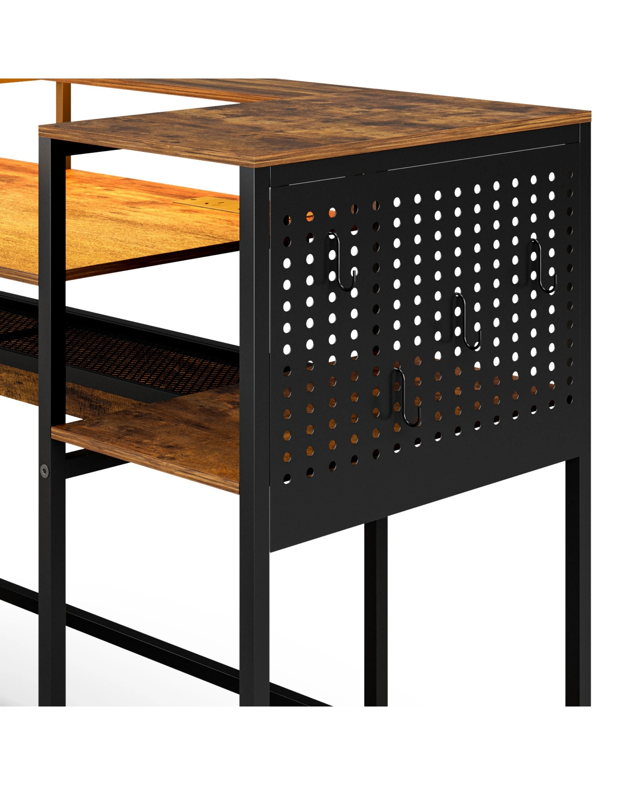 9 Advwin 150cm L Shaped Computer Desk w/ LED Lights & Power Outlets Convertible Gaming Desk  - Brown, 9 of 10