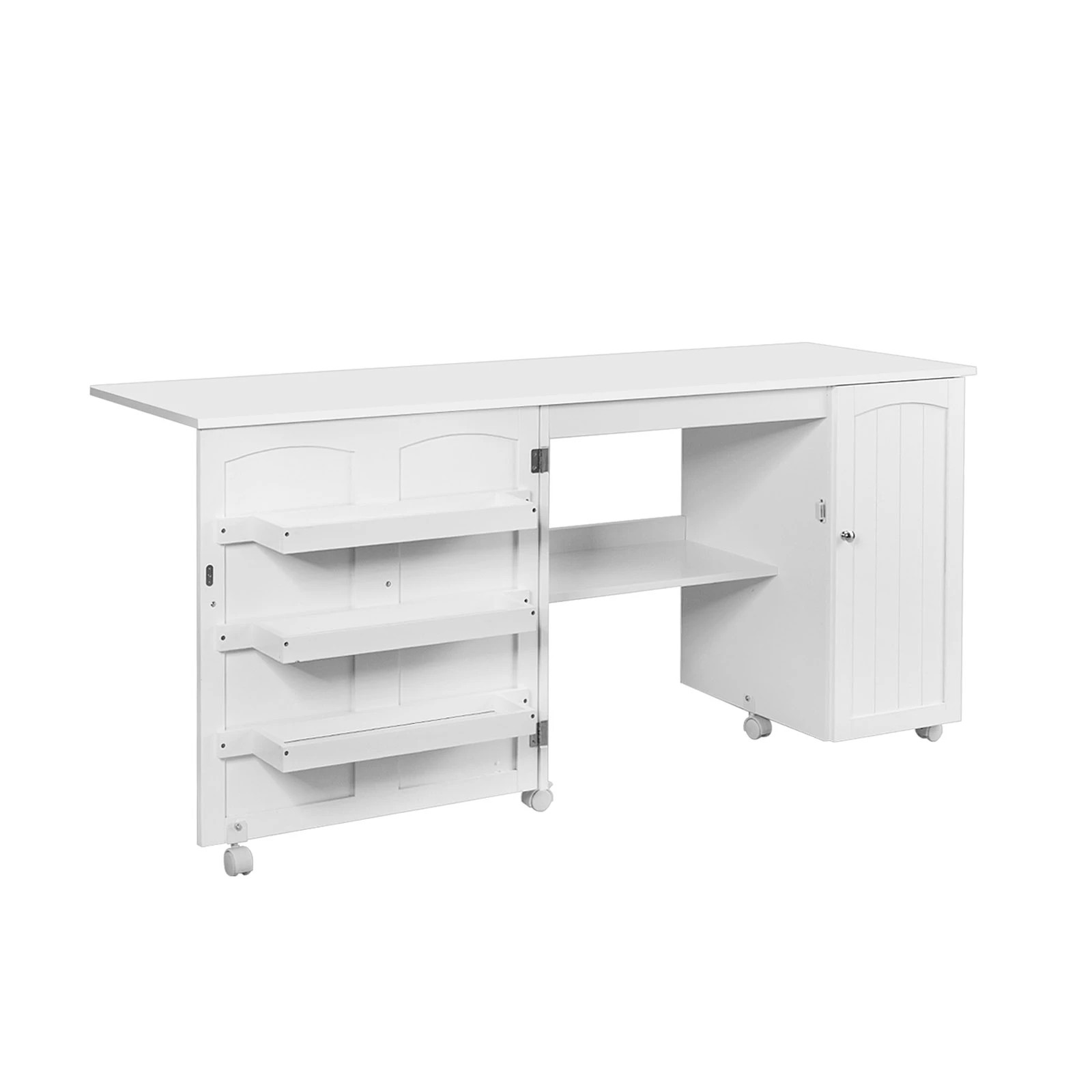 1 Costway Foldable Large Sewing Table Rolling Drop Leaf Craft Table w/Bins, 1 of 5