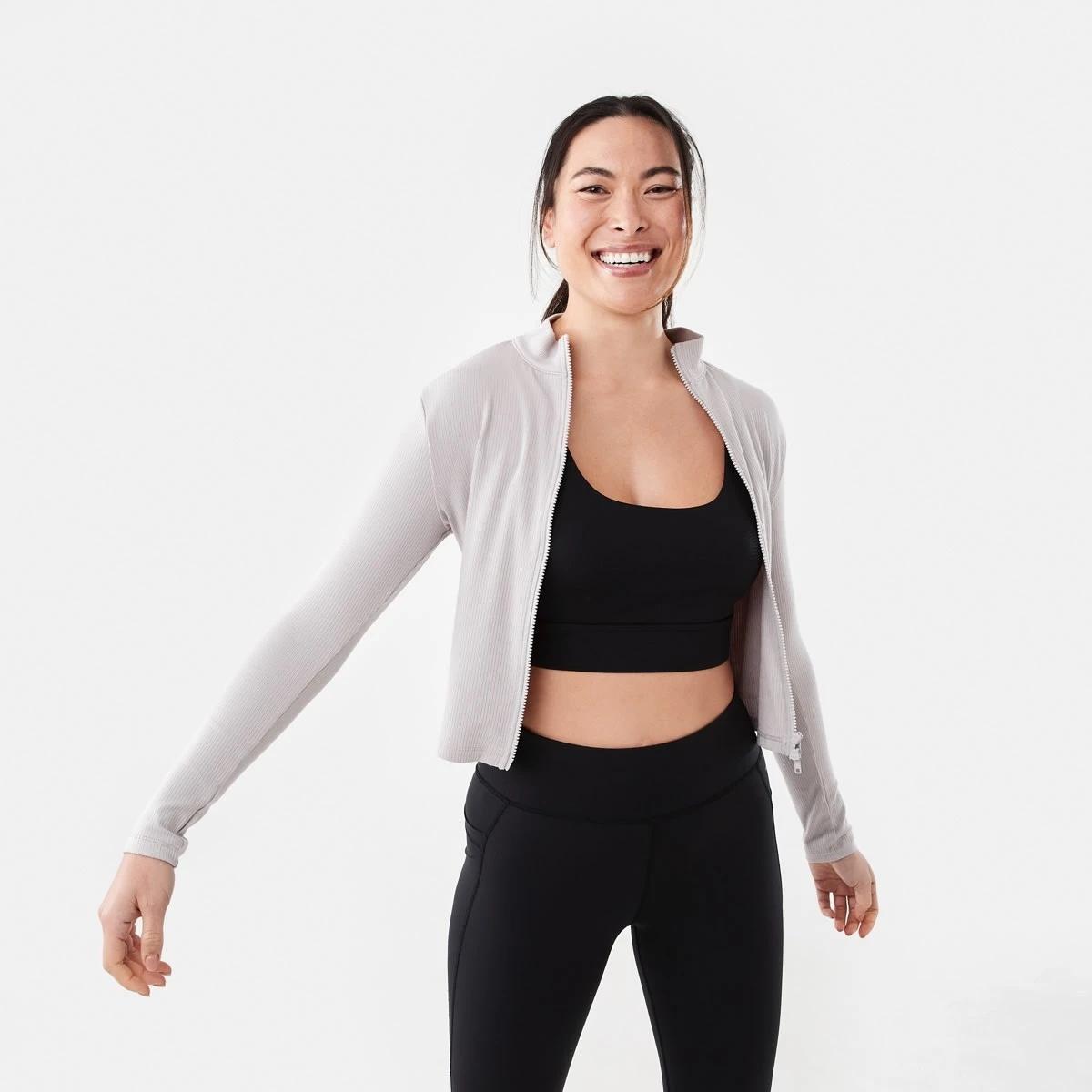 1 Active Womens Ribbed Zip Through Long Sleeve Top Porp Gry, 1 of 7