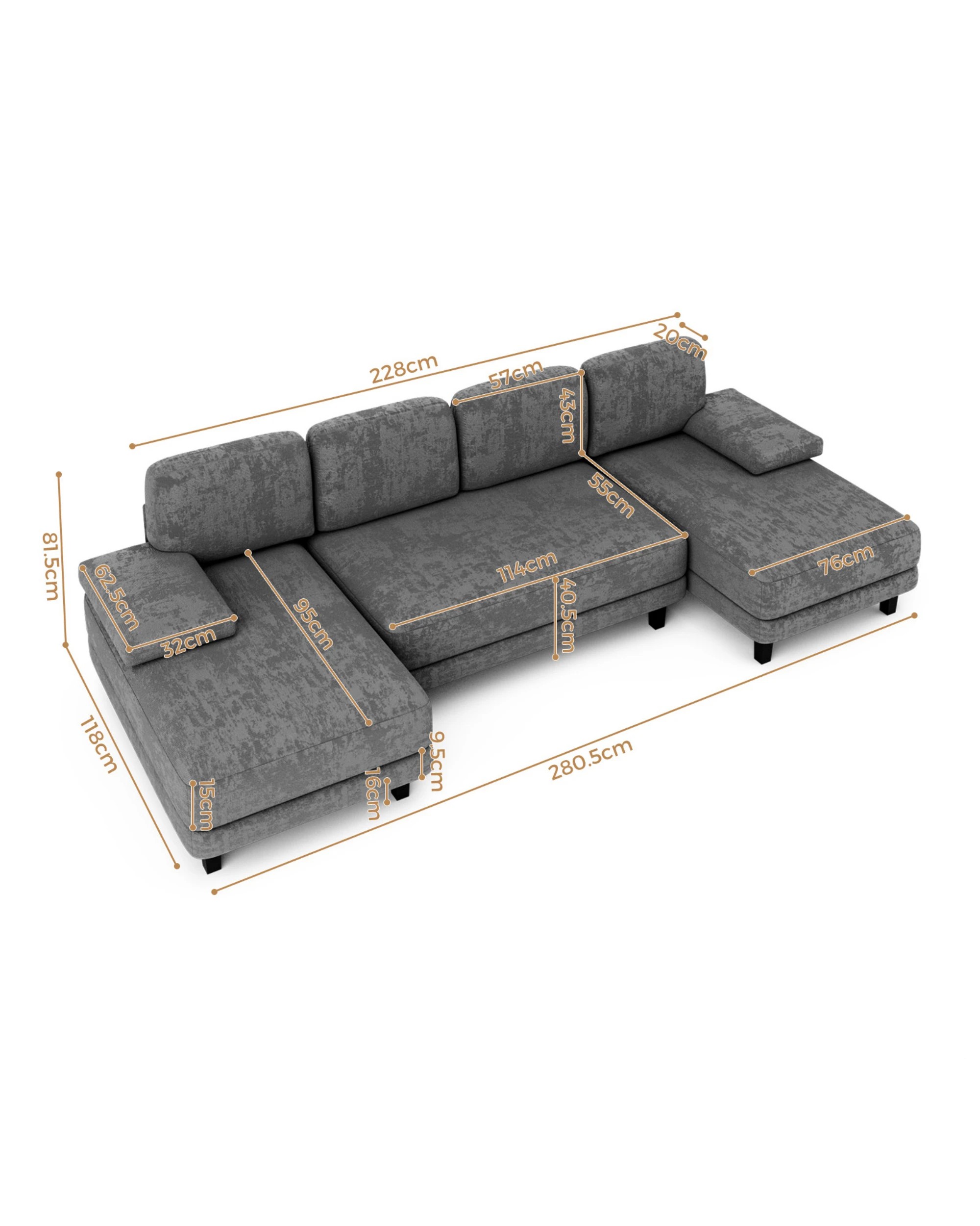 8 Advwin 280cm 4 Seater Sectiona Sofa Chenille Fabric U Shape Couch Modern Sofa Couch with Double Chaise, 8 of 8
