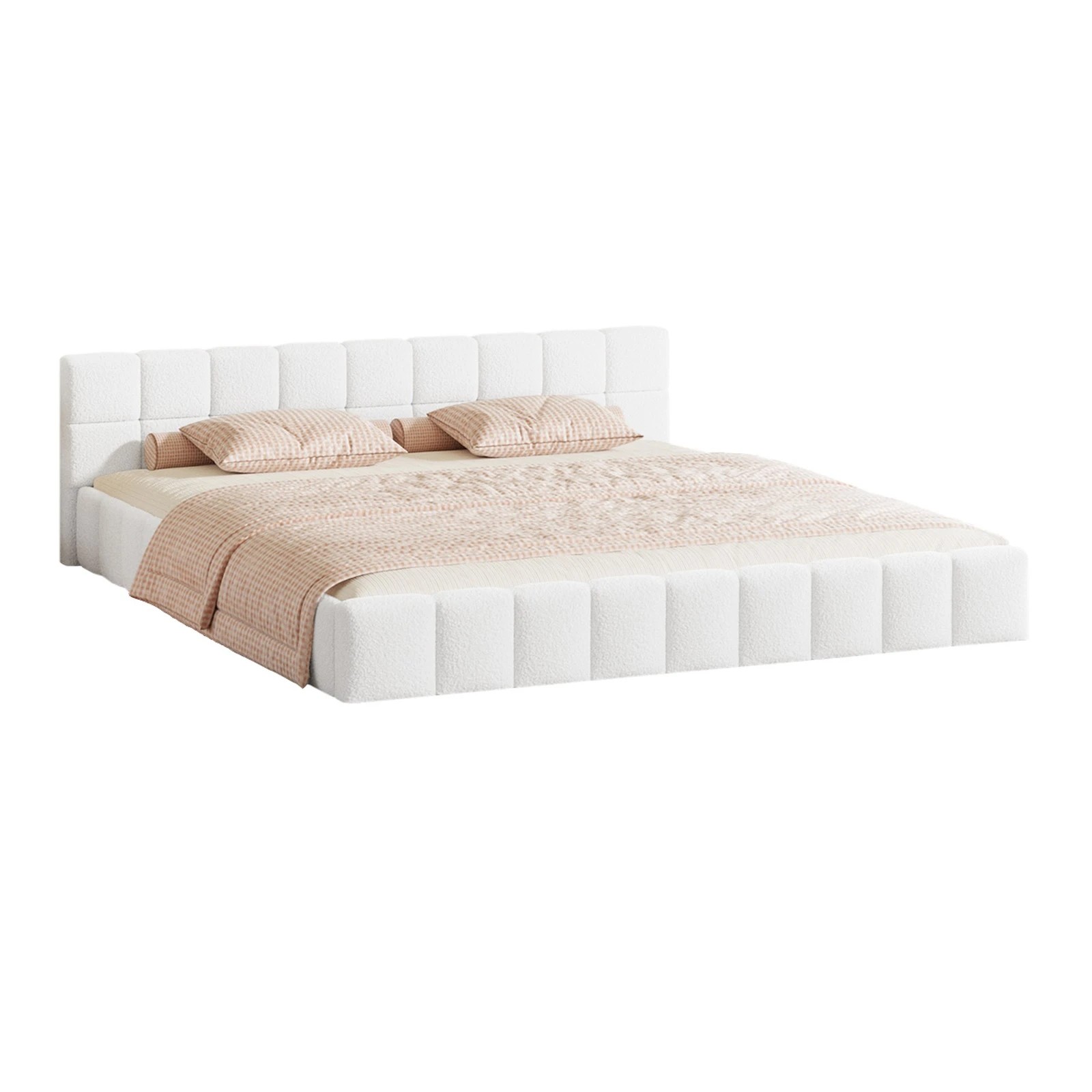 1 Oikiture Bed Frame King Size Tufted Headboard Boucle - White, 1 of 7