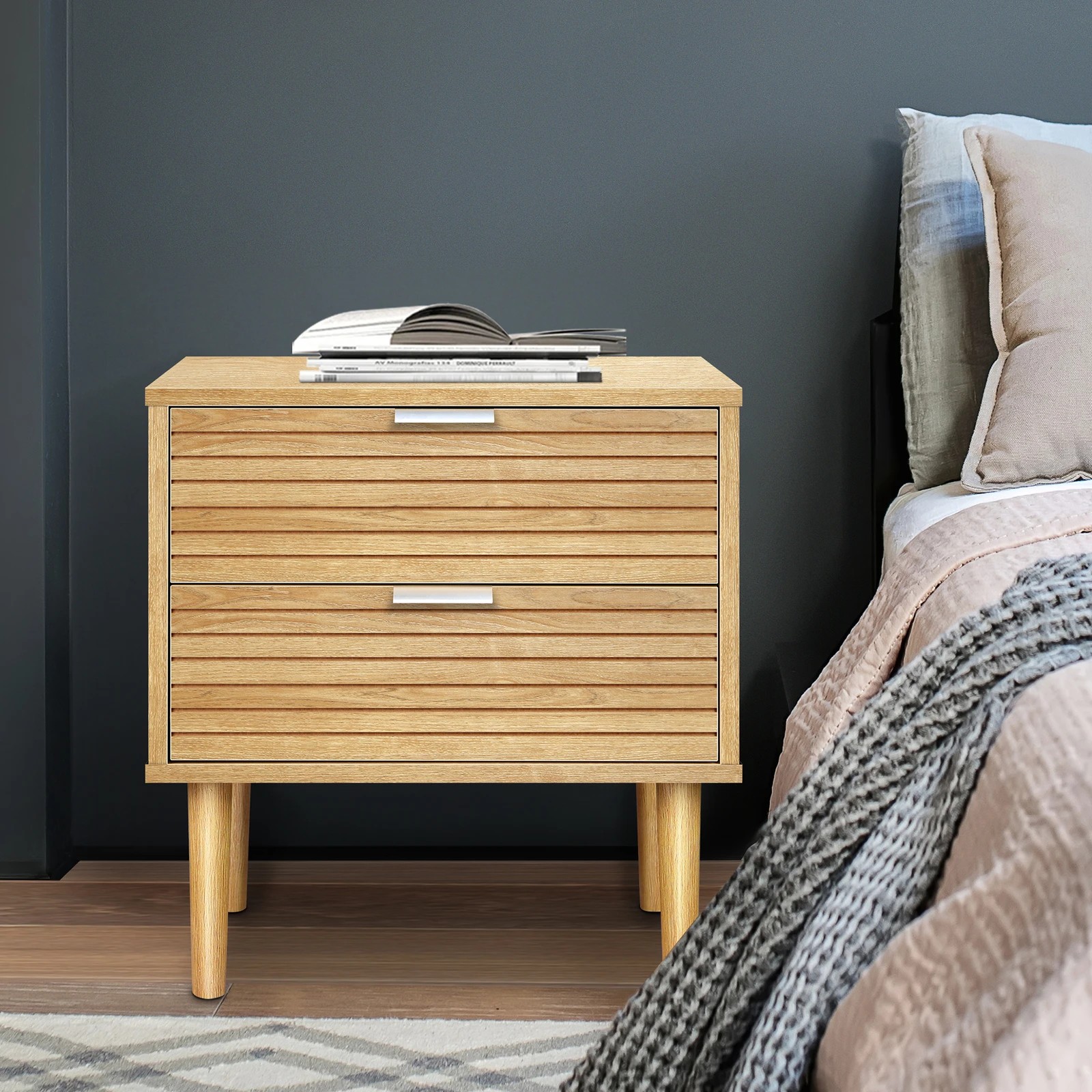 5 Alfordson Bedside Table Nightstand Side Storage Cabinet Slatted Drawer - Oak, 5 of 10