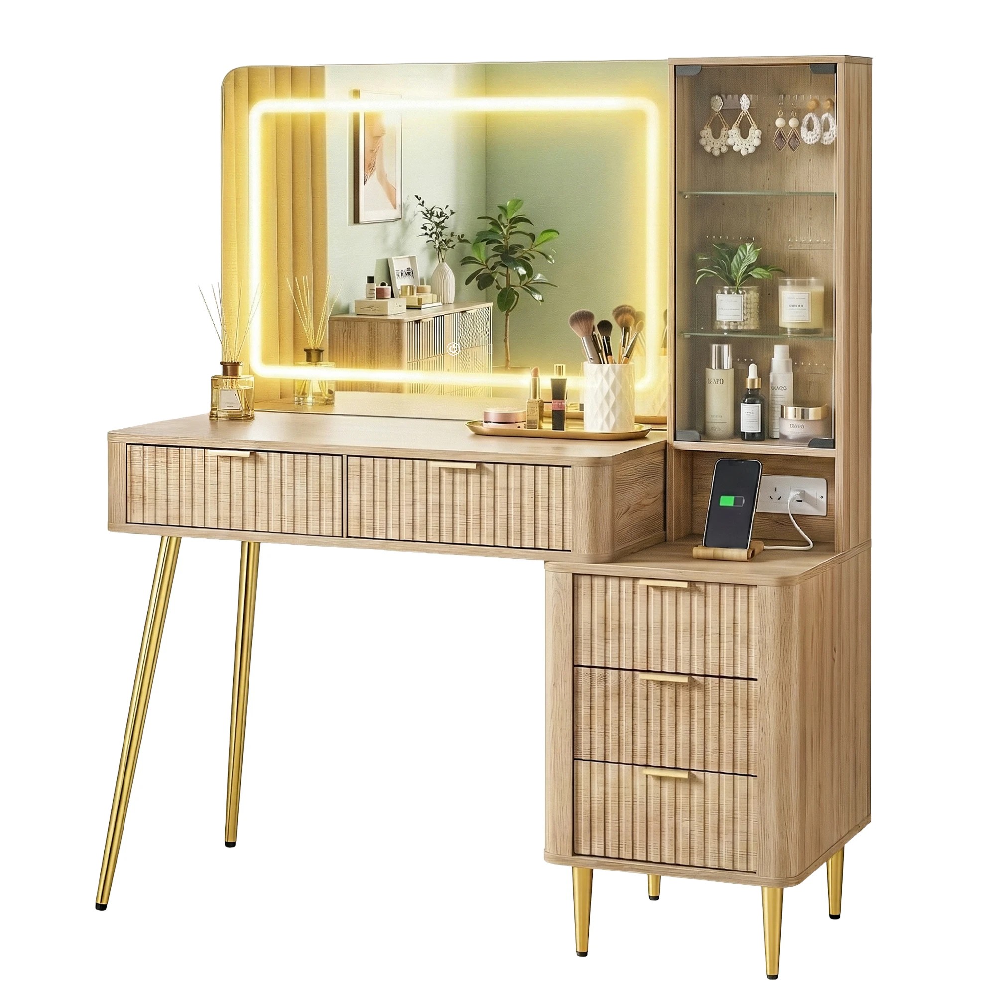 1 Artiss Dressing Table LED Vanity Desk Charging Station - Natural, 1 of 3