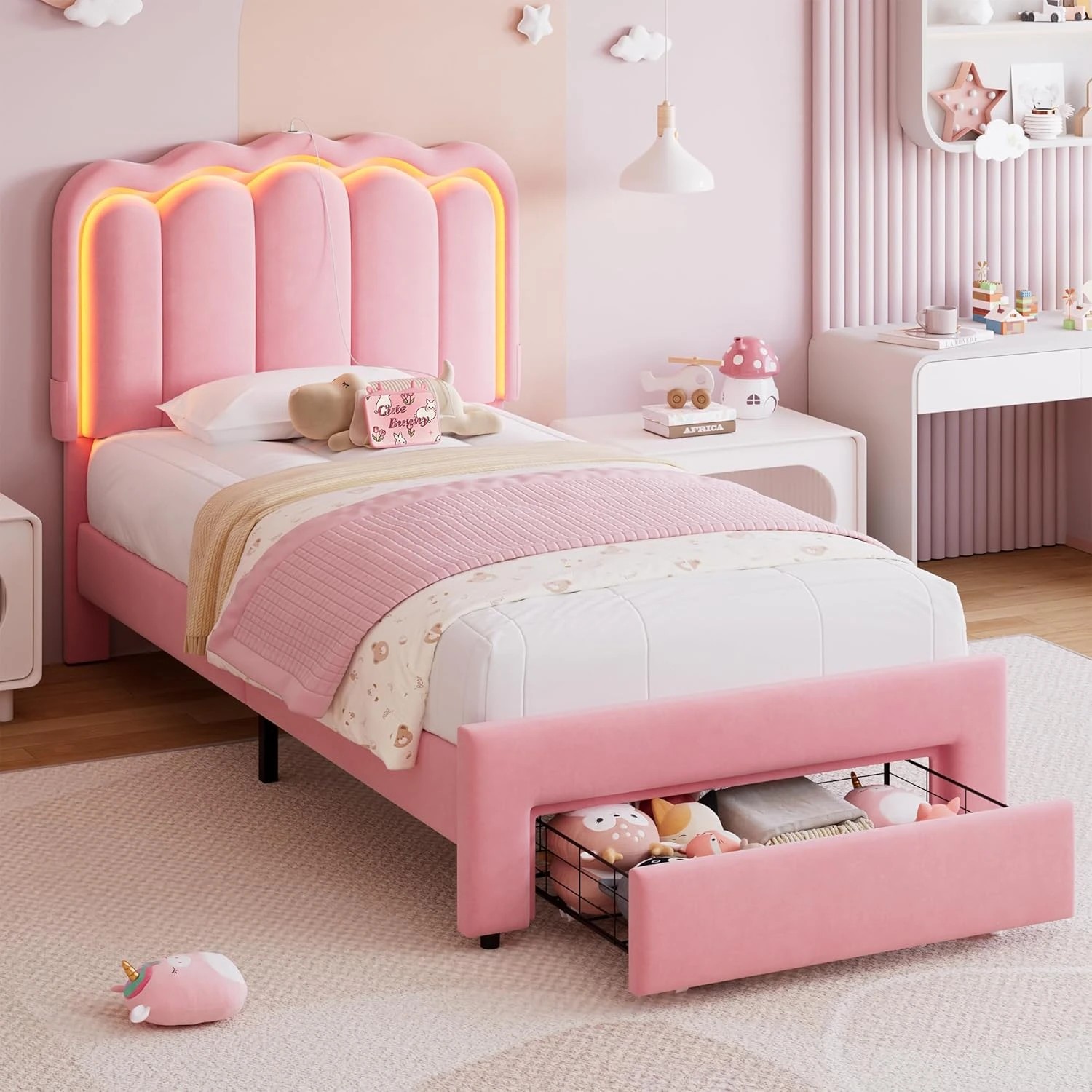 1 Advwin LED Bed Frame with Adjustable Headboard and Drawer USB Velvet King Single - Pink, 1 of 10