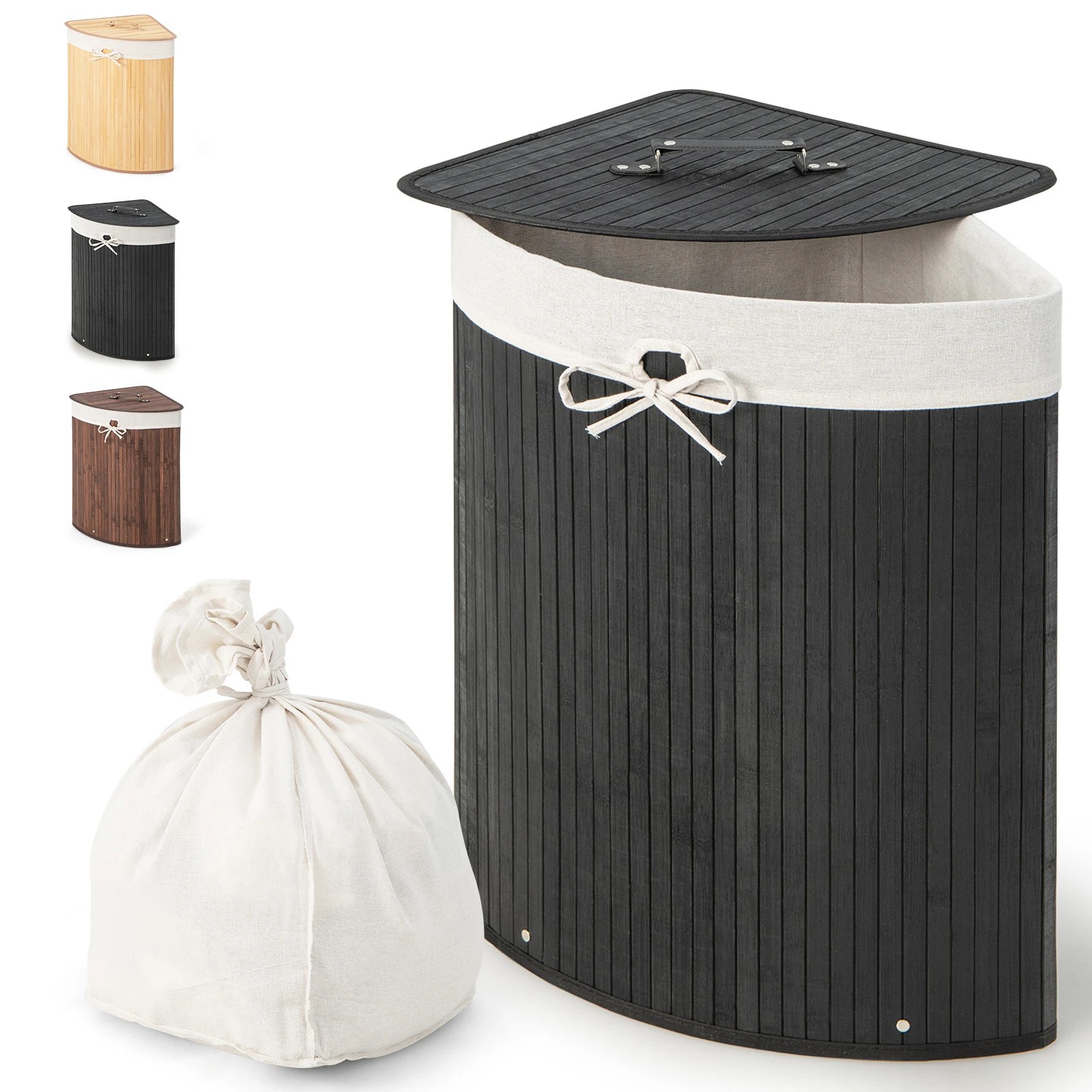 1 Costway 72L Bamboo Laundry Hamper Corner Storage Basket w/Lid - Black, 1 of 5