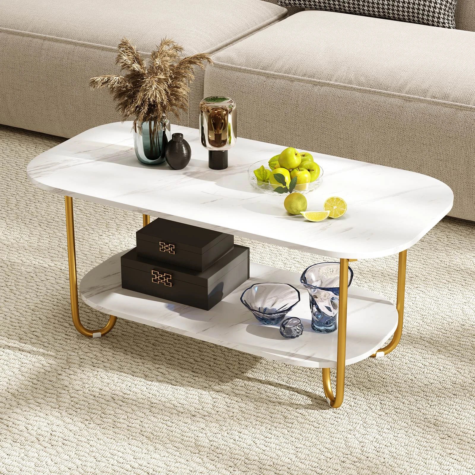 3 Costway 2-Tier Faux Marble Coffee Table Metal Side Table w/Storage Shelf, 3 of 5