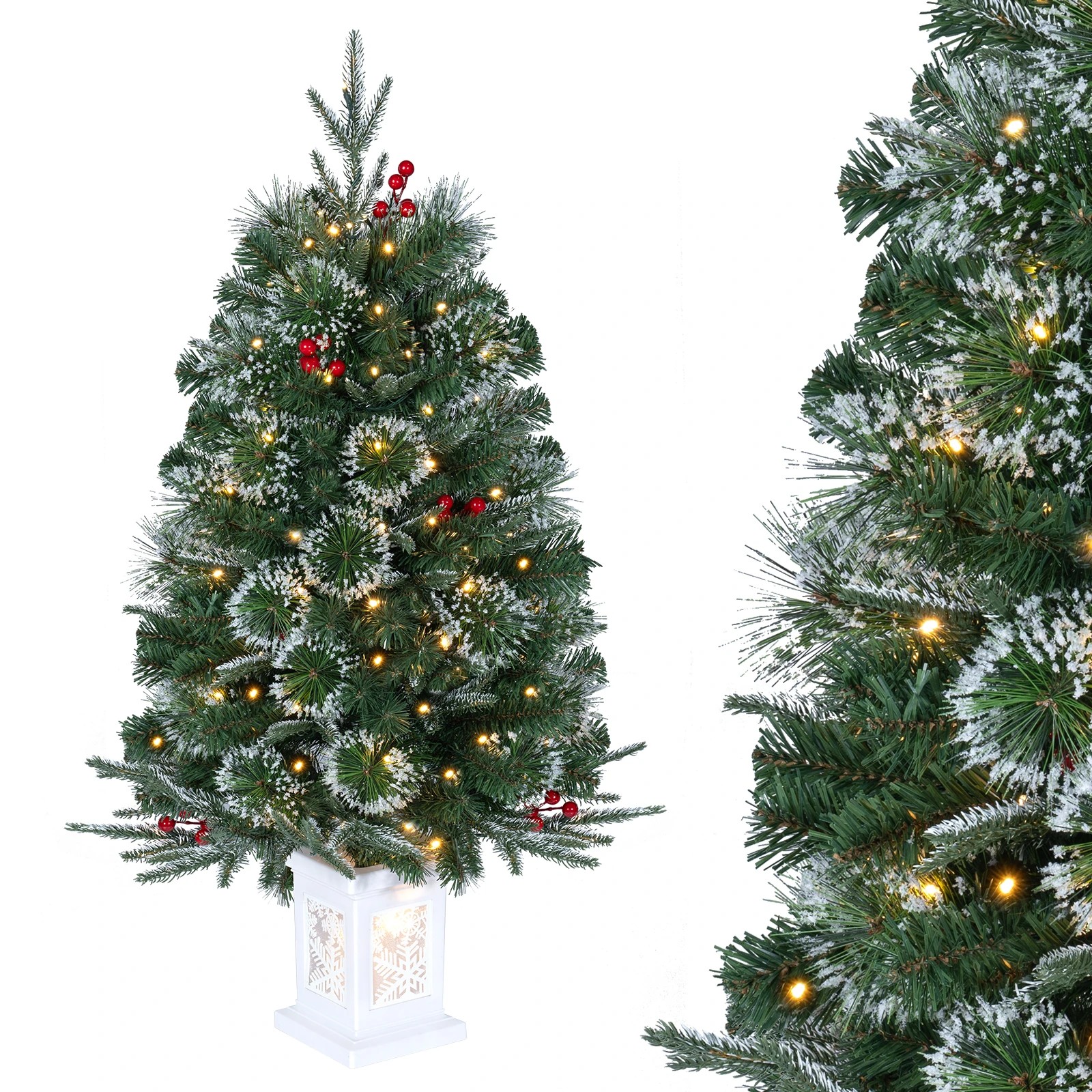 5 Costway 90cm Pre-Lit Potted Christmas Tree Artificial Frosted Xmas Tree w/Red Berries, 5 of 6