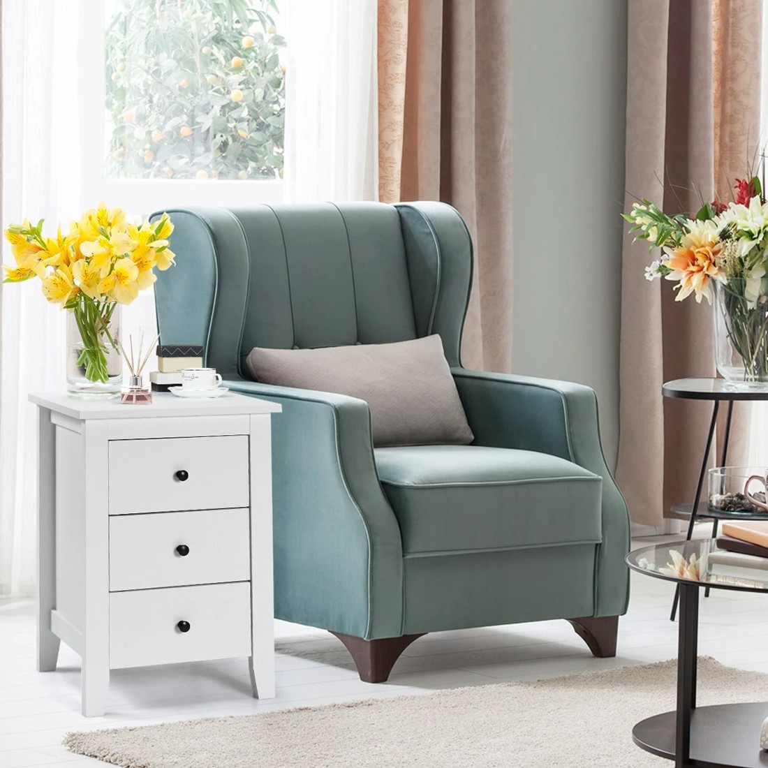 2 Costway 2x Bedside Tables Nightstand w/3 Drawers - White, 2 of 6