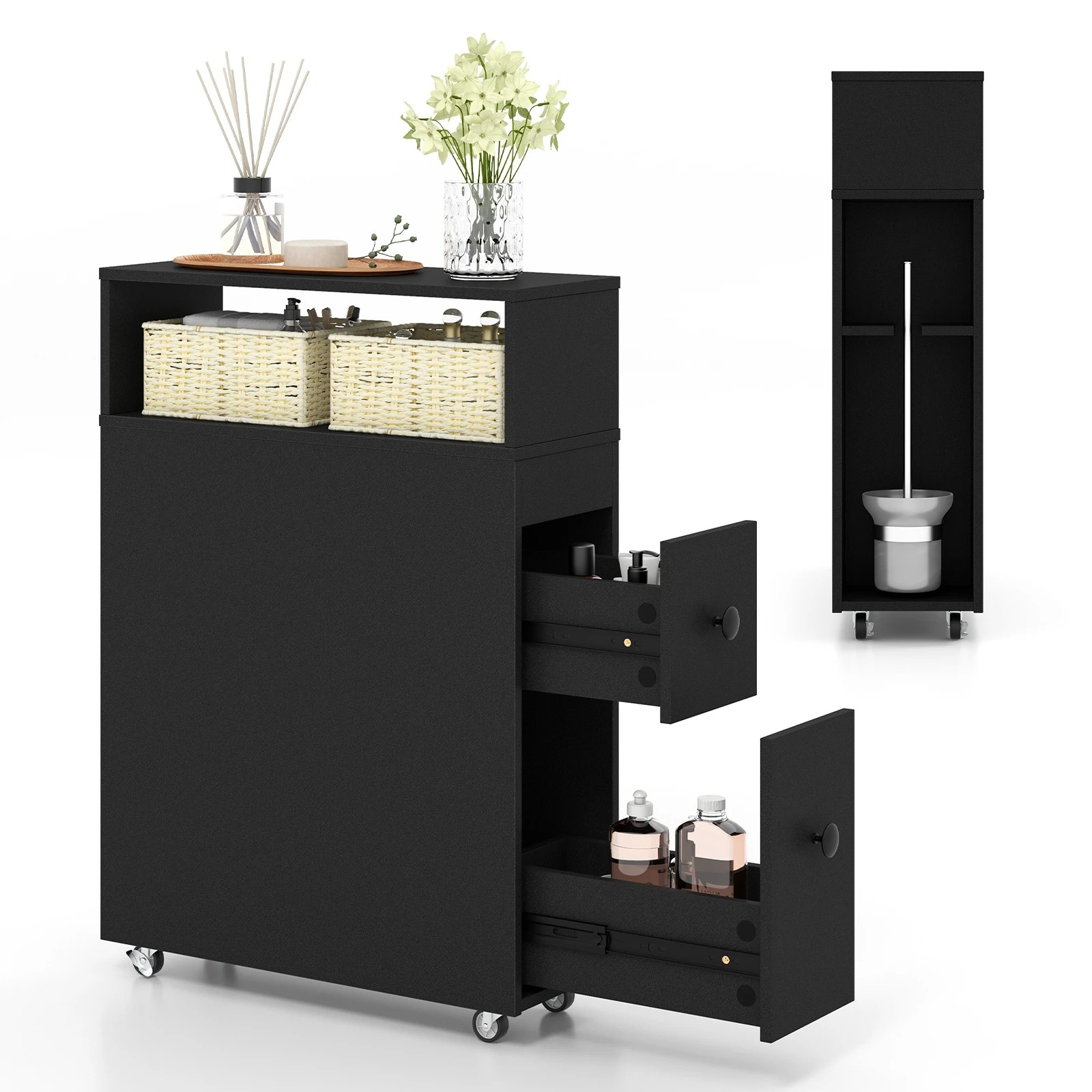 5 Costway Mobile Bathroom Storage Cabinet Laundry Sideboard w/Tissue Holder - Black, 5 of 6