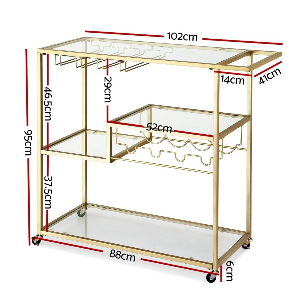 2 Artiss Bar Cart Drink Trolley Serving Cocktail Wine Rack Glass Holder 102cm - Gold, 2 of 8