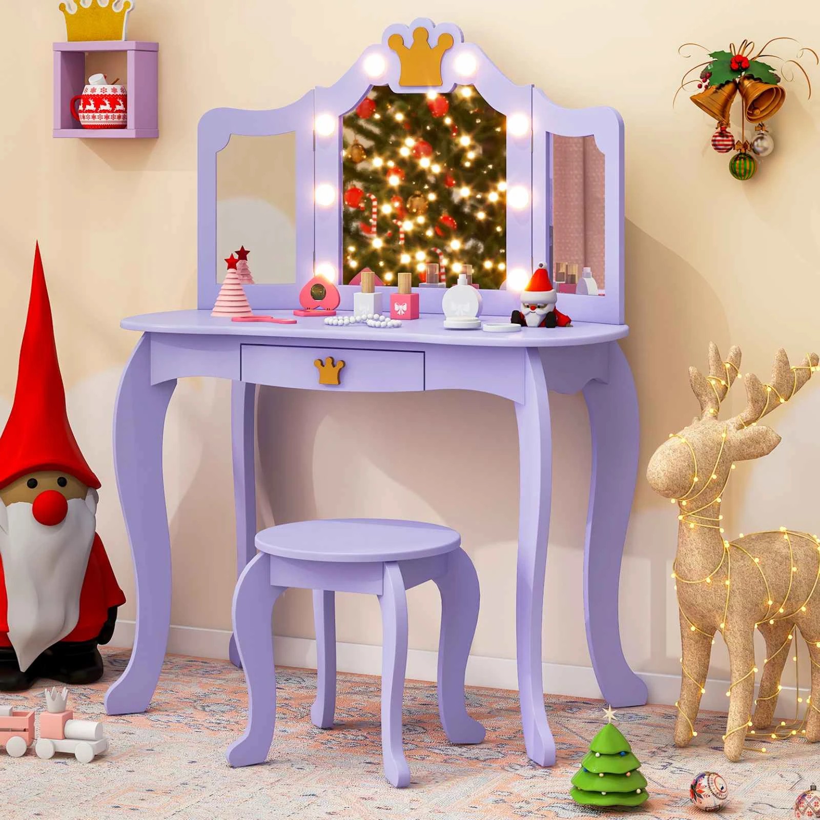 2 Costway 2-in-1 Vanity Table & Chair Set Makeup Dressing Desk - Purple, 2 of 4