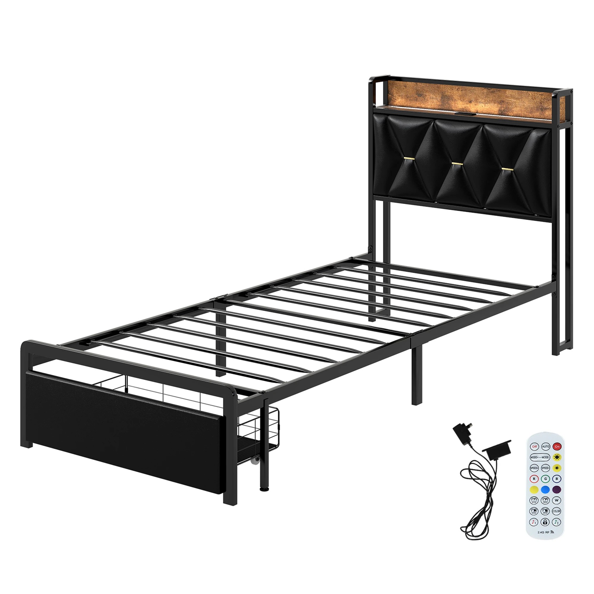 1 Levede Single Bed Frame PU with LED and Charging Station - Black, 1 of 9
