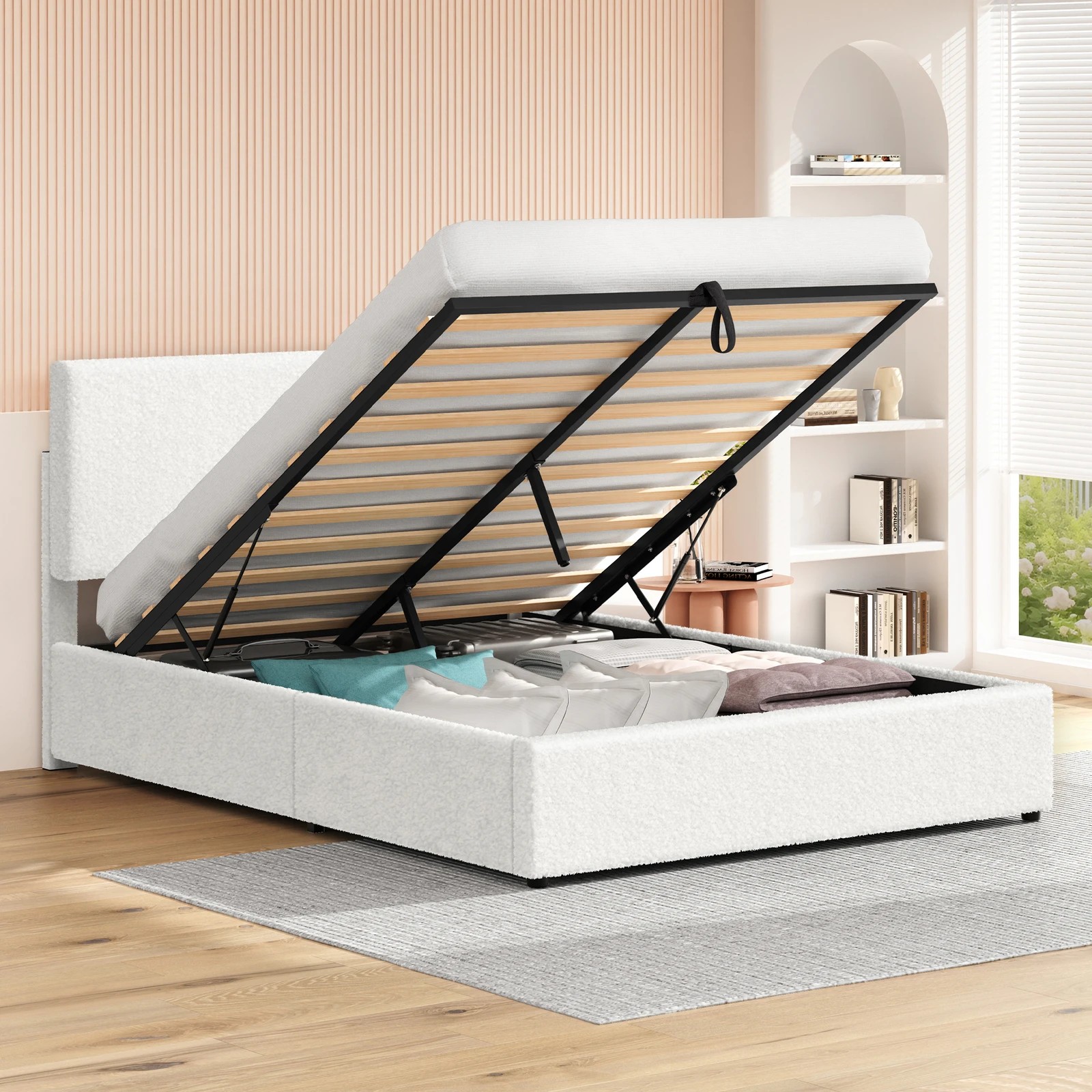 4 Alfordson Bed Frame Queen Gas Lift Storage Adjustable Headboard Boucle Luria - White, 4 of 10