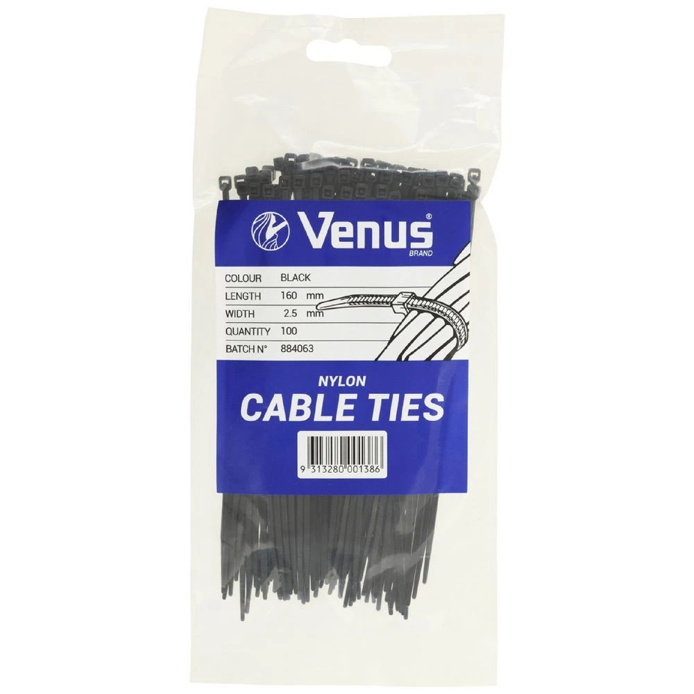 1 Venus Cable Ties 160 x 2.5 mm Black 100 Pack, 1 of 3