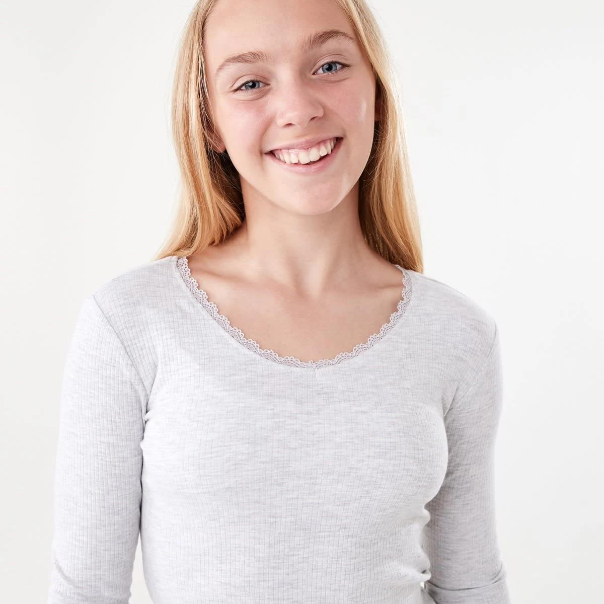 3 Long Sleeve Rib Top with Lace Kgry Marle, 3 of 8