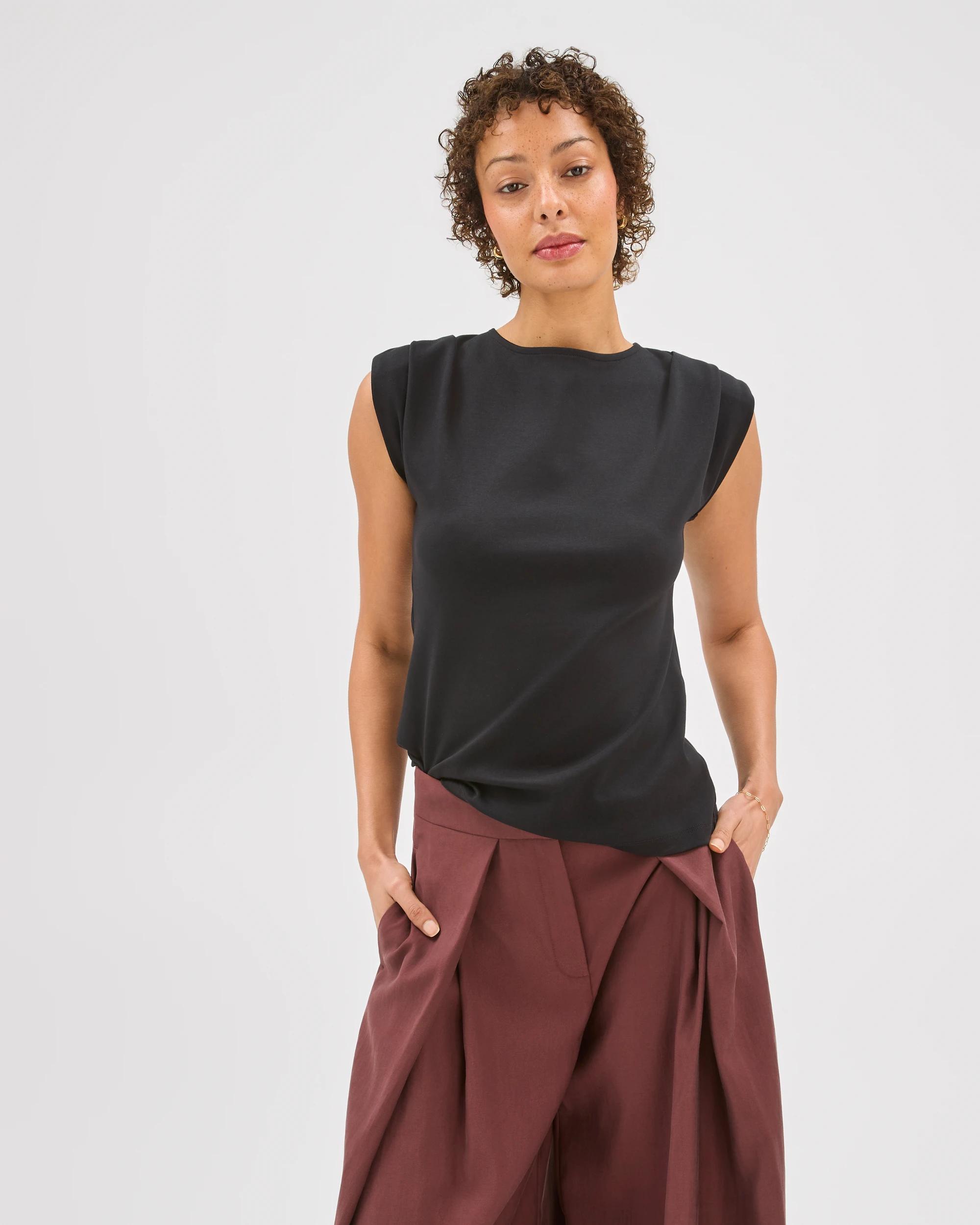 6 Preview Australian Cotton Sleeveless Shoulder Pad Tuck Detail Top BLACK, 6 of 6