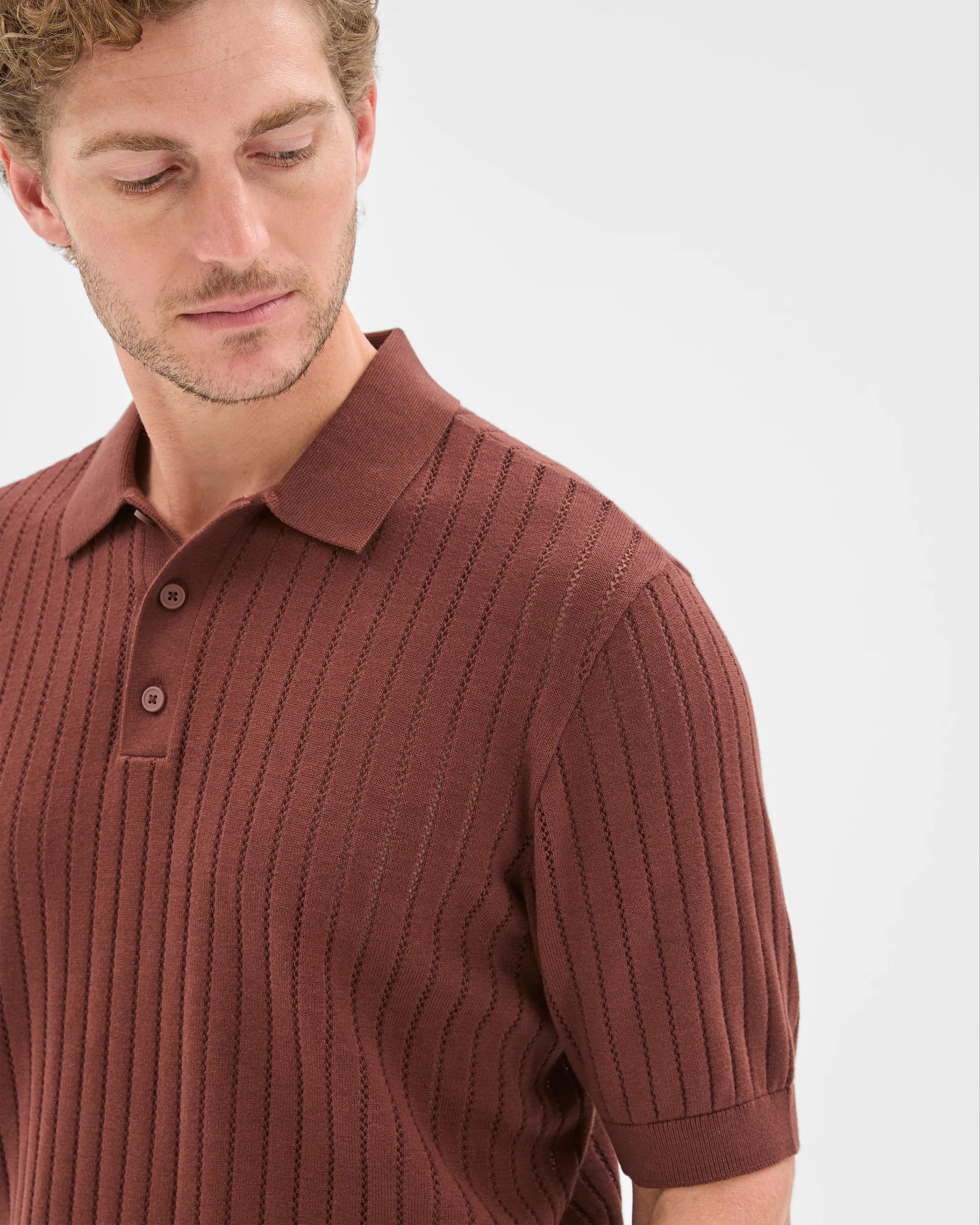 2 Preview Australian Cotton Pointelle Polo Top BROWN STONE, 2 of 6