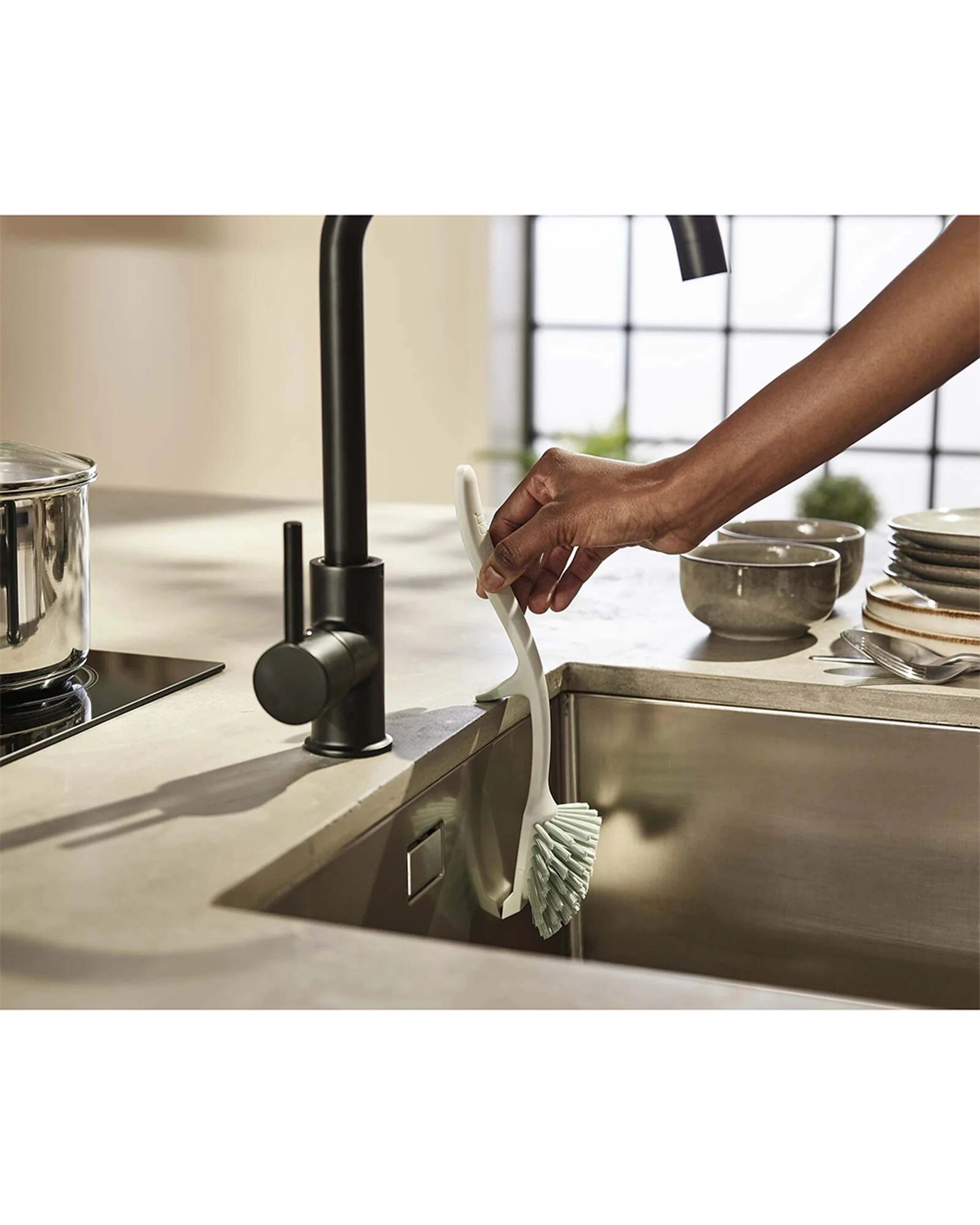 2 Joseph Joseph Edge 29cm Curved Dish Brush With Integrated Sink Rest Pan Light Stone Sage - Grey, 2 of 5
