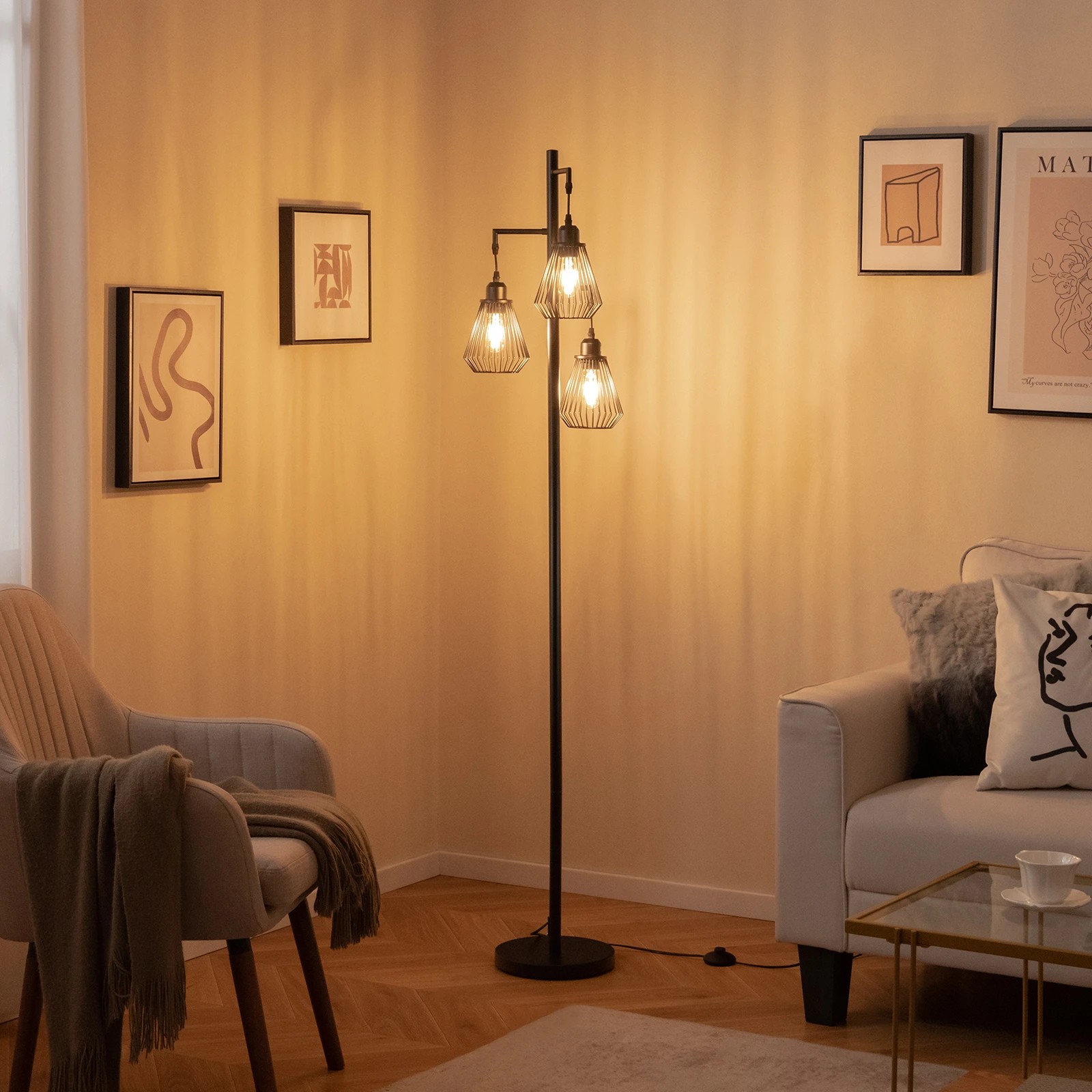 6 Costway 1.7M Tall Floor Lamp w/3 Birdcage Lampshades - Black, 6 of 7