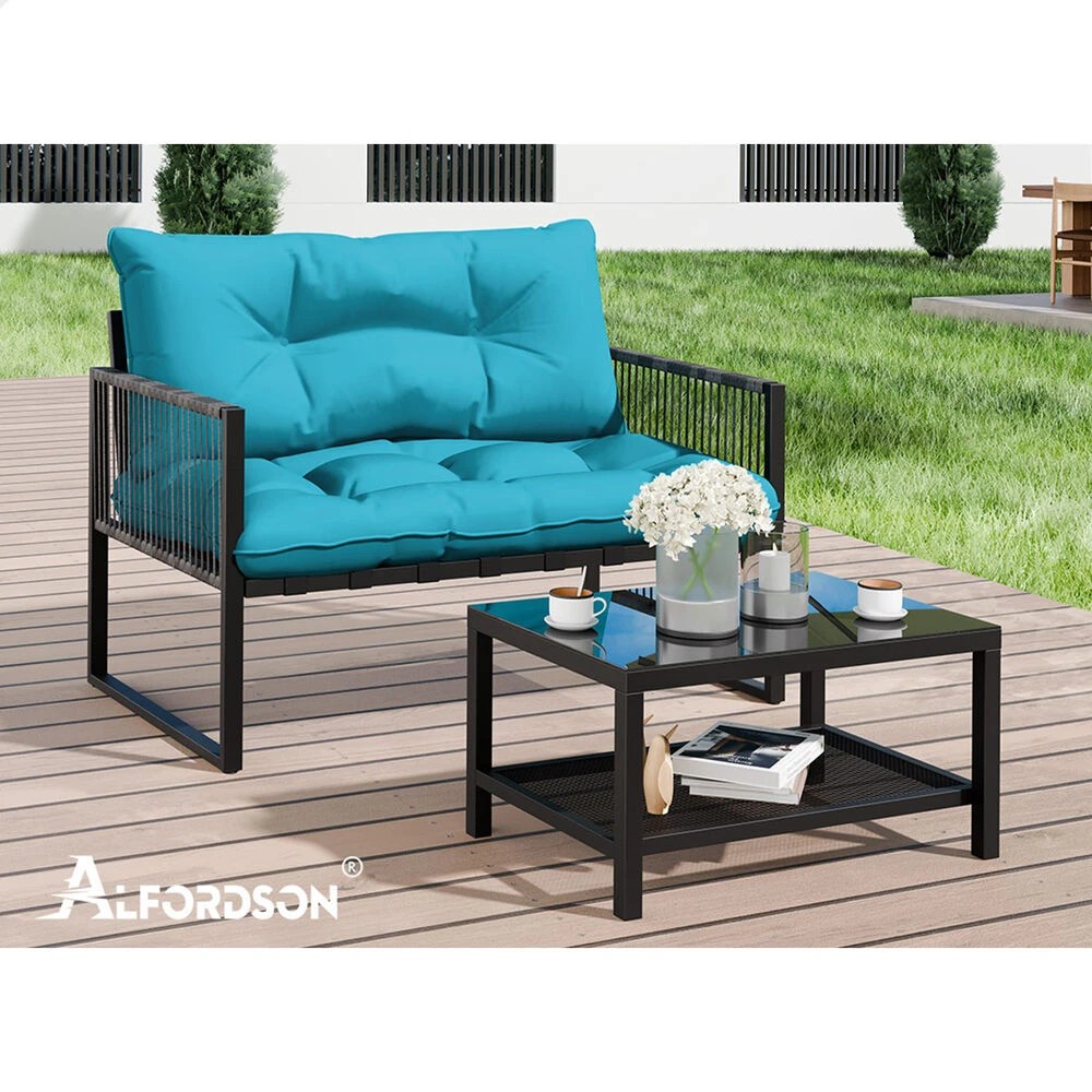 10 Alfordson 2PCS Outdoor Lounge Sofa Set Wicker Furniture Table and Chairs Garden - Blue, 10 of 10