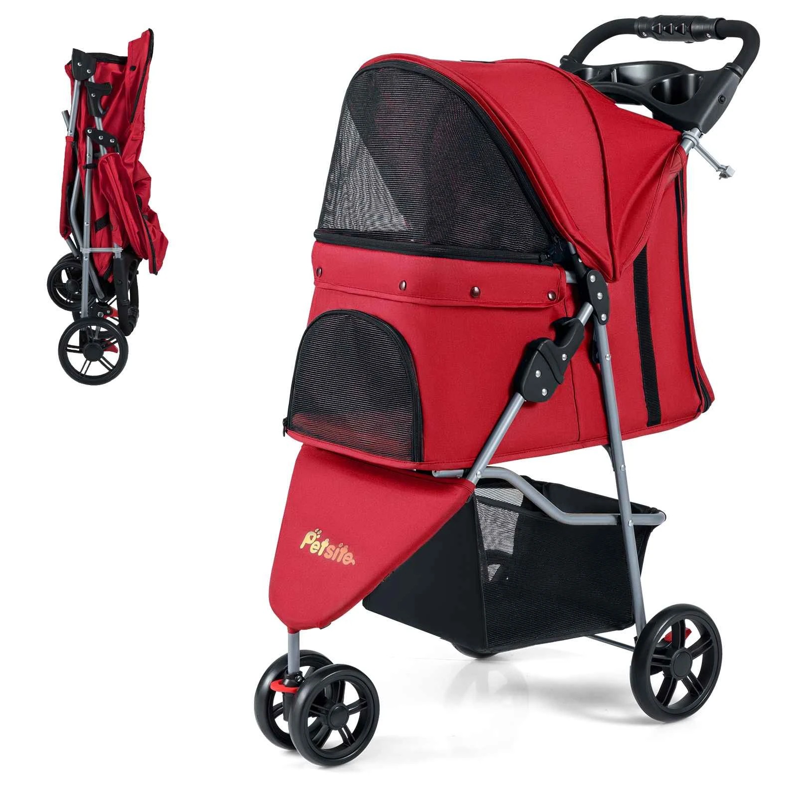 1 Costway Folding Pet Stroller One-click Dog Cat Strolling Cart w/Adjustable Canopy - Red, 1 of 4