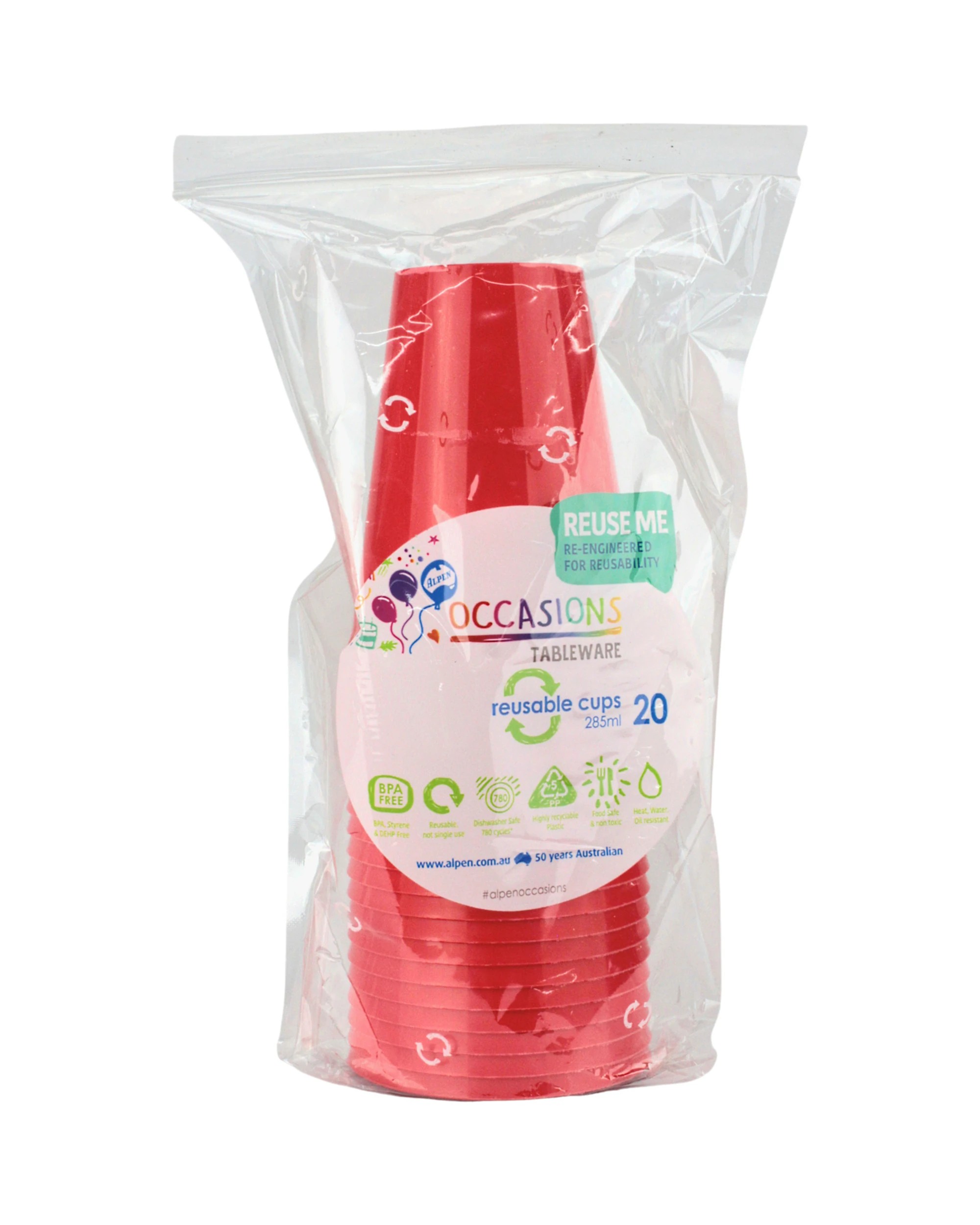 2 Alpen Reusable Cups 285ml Pack of 20 - Red - Red, 2 of 3