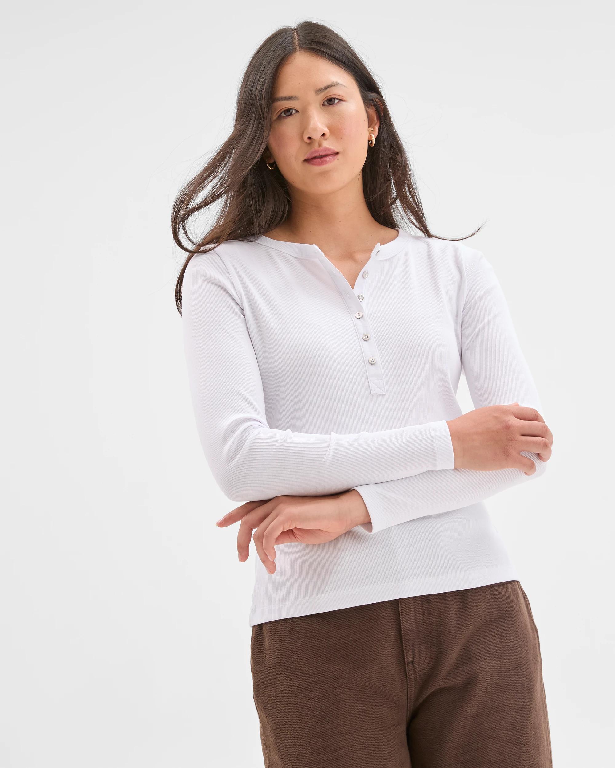 1 Target Woman Australian Cotton Long Sleeve Rib Henley T-Shirt WHITE, 1 of 7