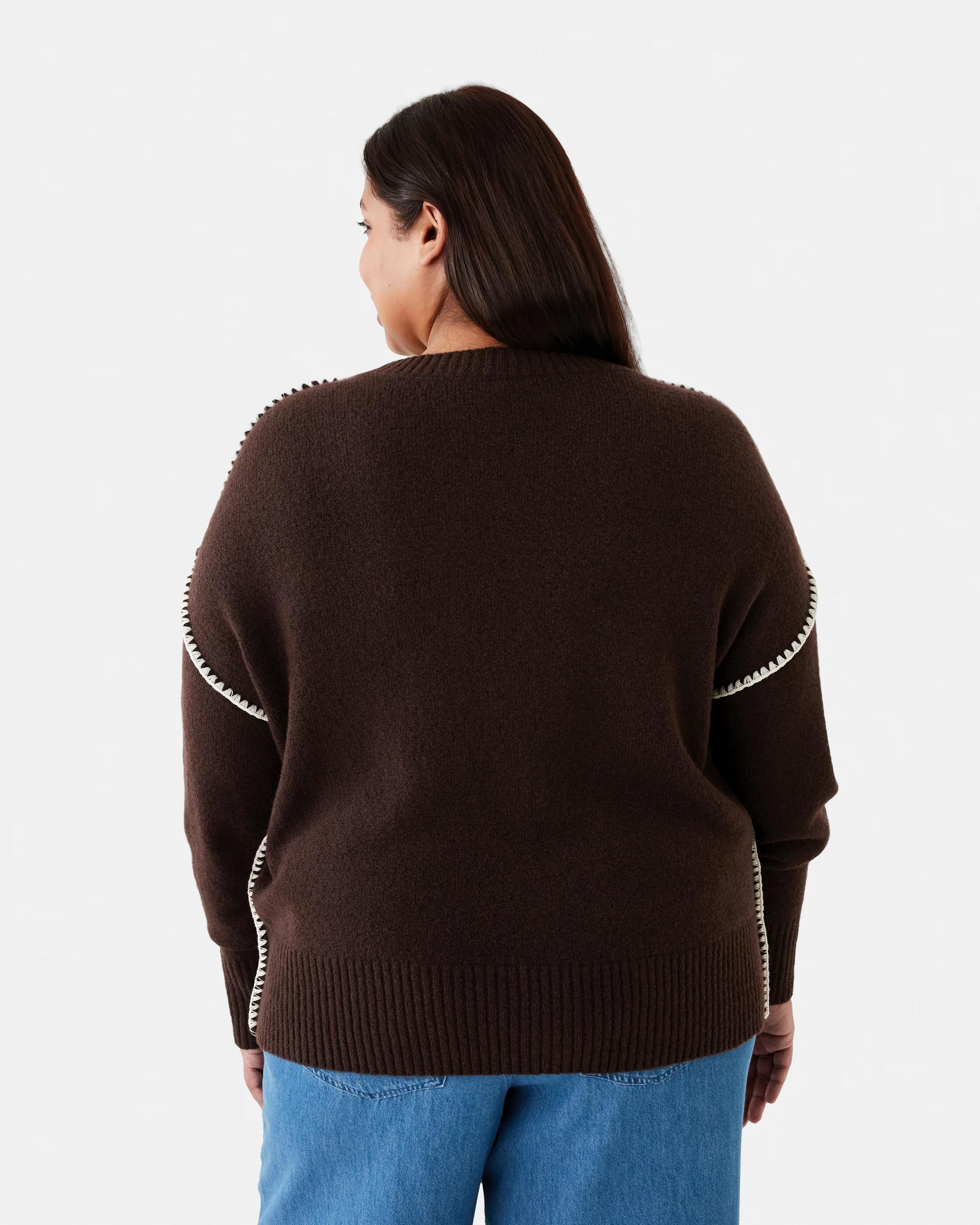 2 Curve Long Sleeve Blanket Stitch Jumper Choc Plum, 2 of 6