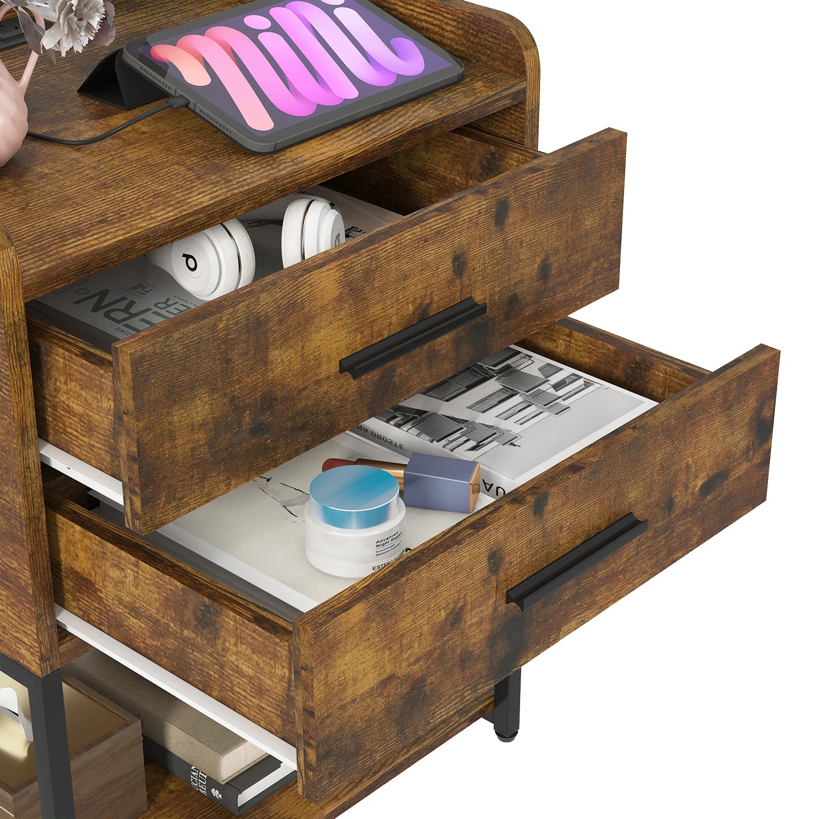 4 Advwin Set of 2 Bedside Table with Charging Station LED Lights Drawers - Brown, 4 of 10