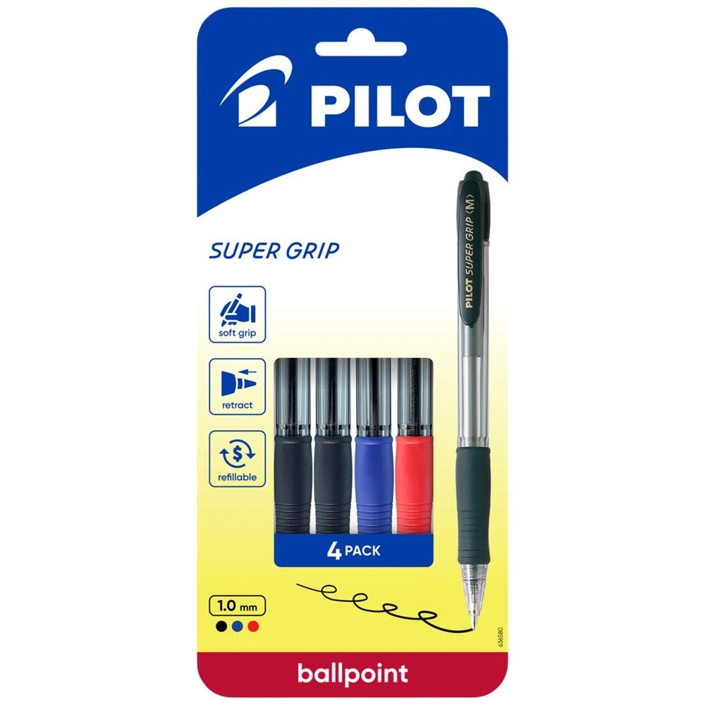 1 PILOT Super Grip Retractable Ballpoint Pen 1.0mm Asst 4Pk, 1 of 8