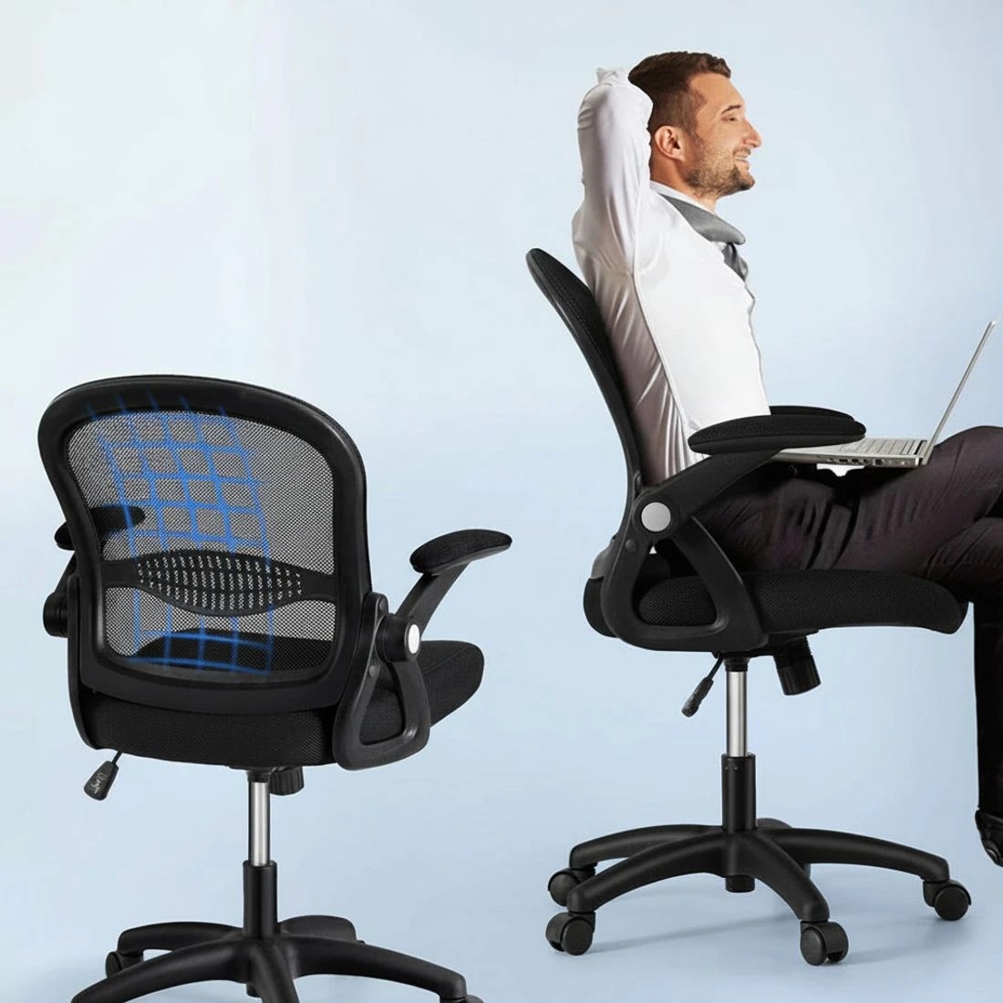 5 Artiss 2x Mesh Office Chair Computer Gaming Desk Chairs Work Study Mid - Black, 5 of 6