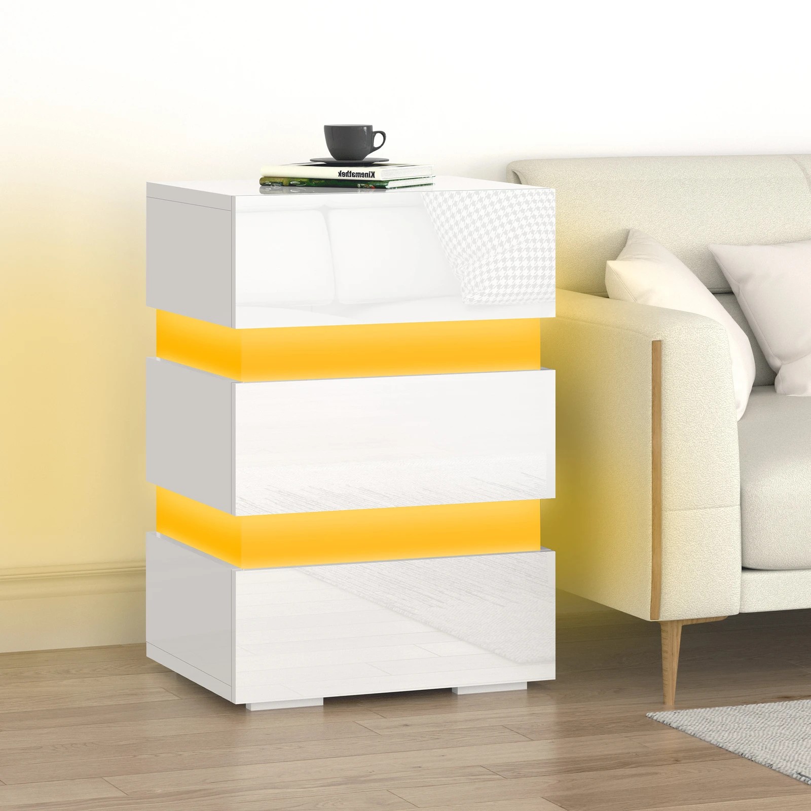 4 Alfordson Bedside Table RGB LED Nightstand 3 Drawers 4 Side High Gloss - White, 4 of 10