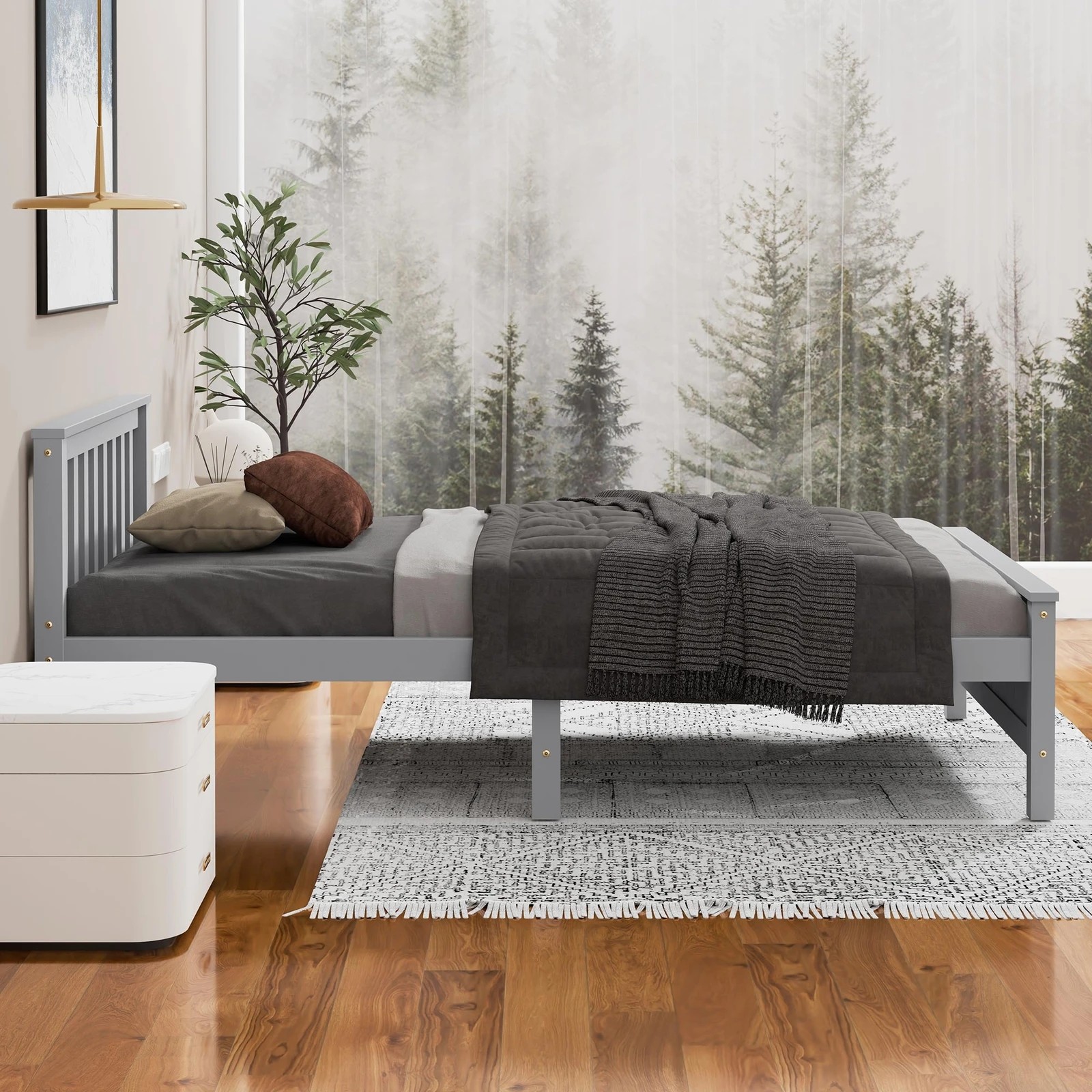 5 Alfordson Bed Frame Wooden Single Size Slatted Headboard Timber Fabiano - Grey, 5 of 10
