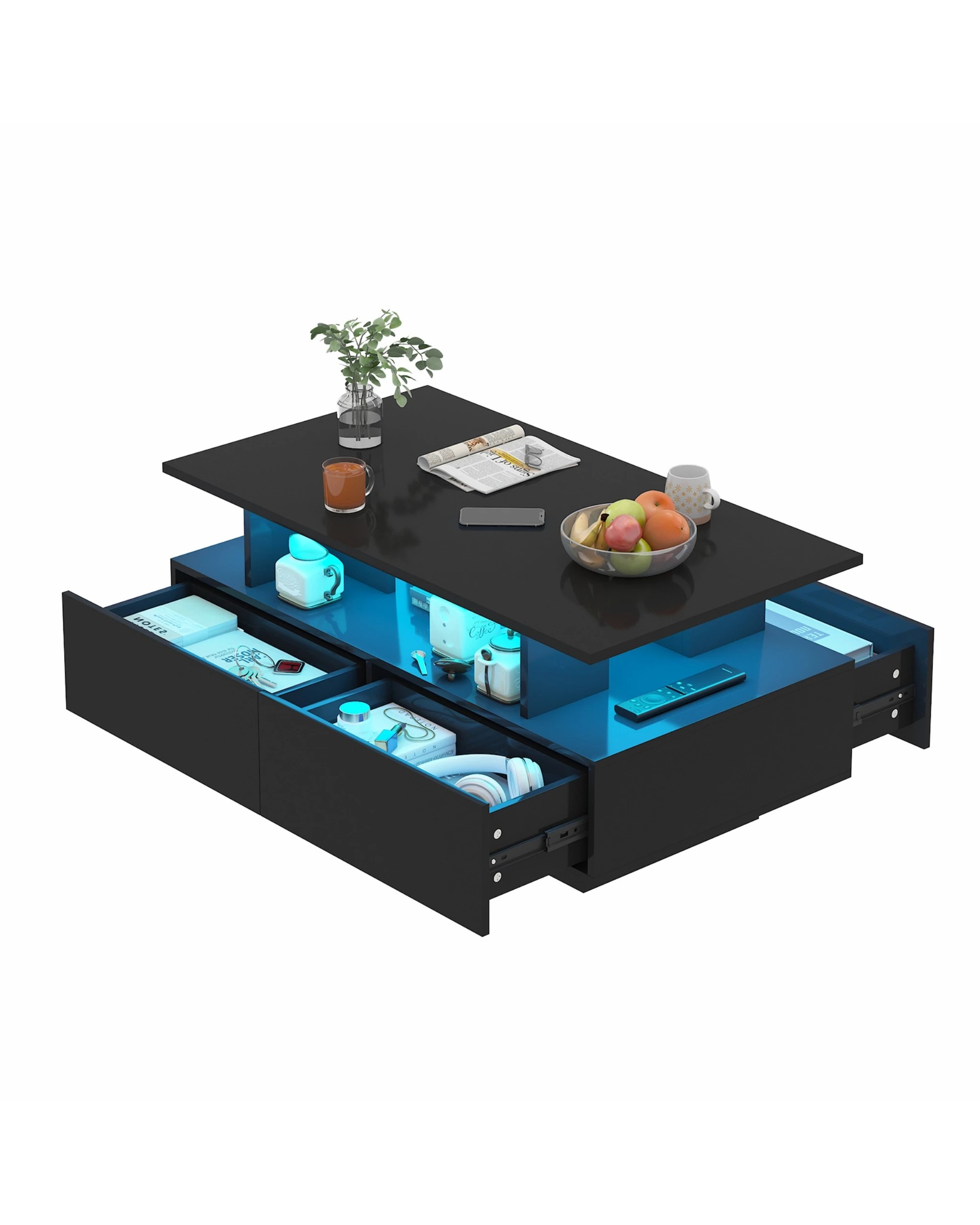 8 Advwin LED Coffee Table w/ 4 Storage Drawers High Gloss Central Table w/ Open Display Shelf, 8 of 9