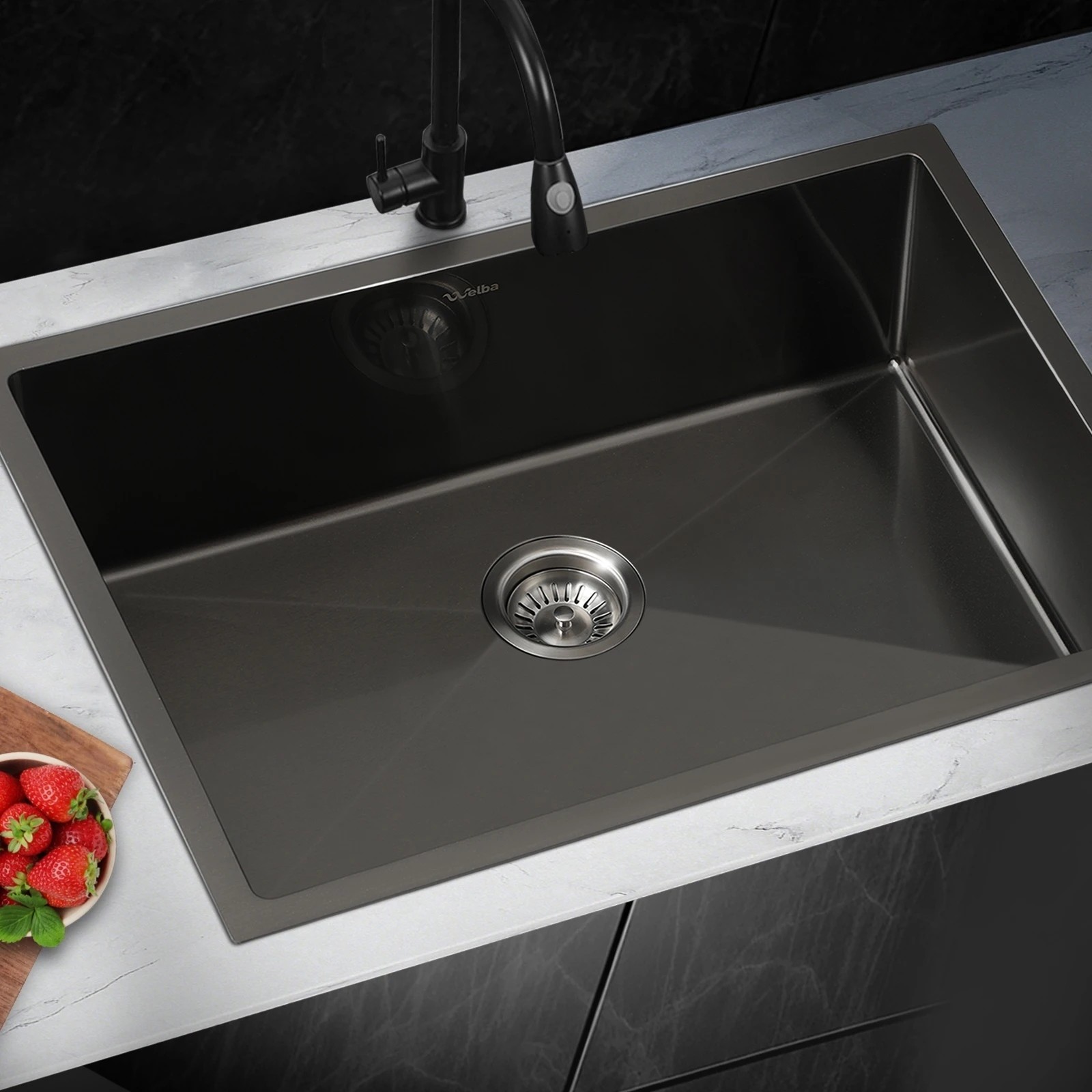 2 Welba Kitchen Sink 70X45CM Stainless Steel Single Bowl Basin With Waste - Black, 2 of 4
