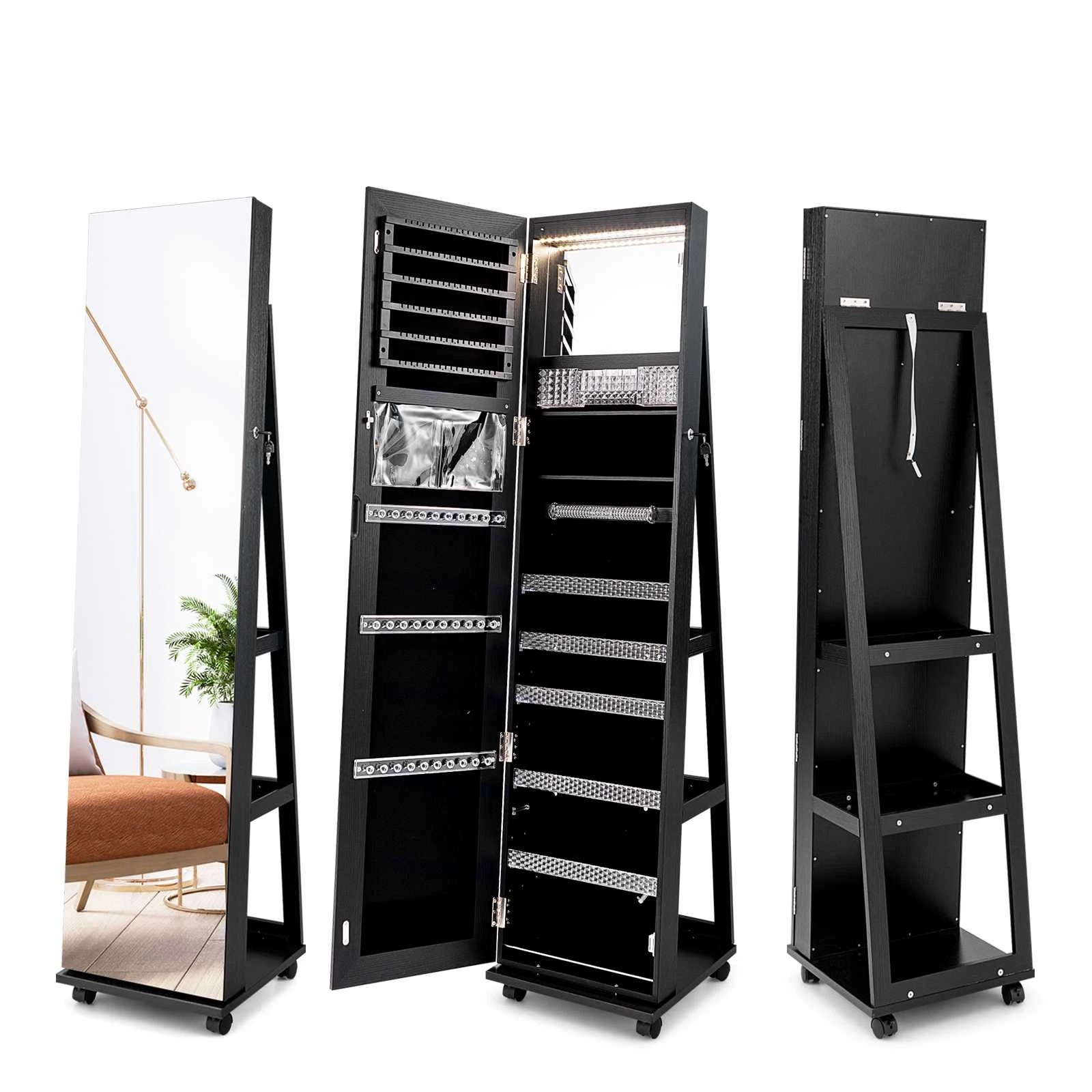 1 Costway 1.63M Mobile LED Jewelry Cabinet Full-Length Makeup Mirror Storage Organizer - Black, 1 of 4