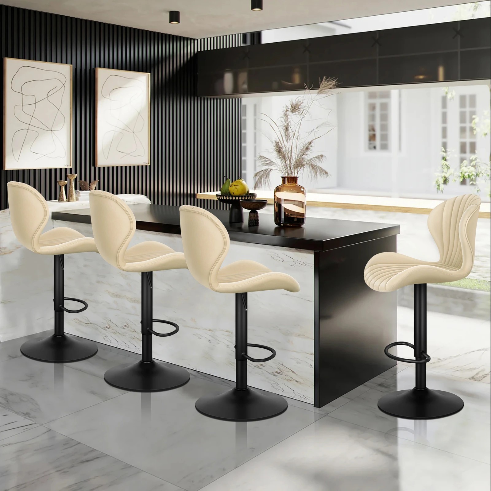 8 Alfordson 4x Bar Stools Gas Lift Air Leather Bar Chairs Kitchen Swivel - Beige, 8 of 10