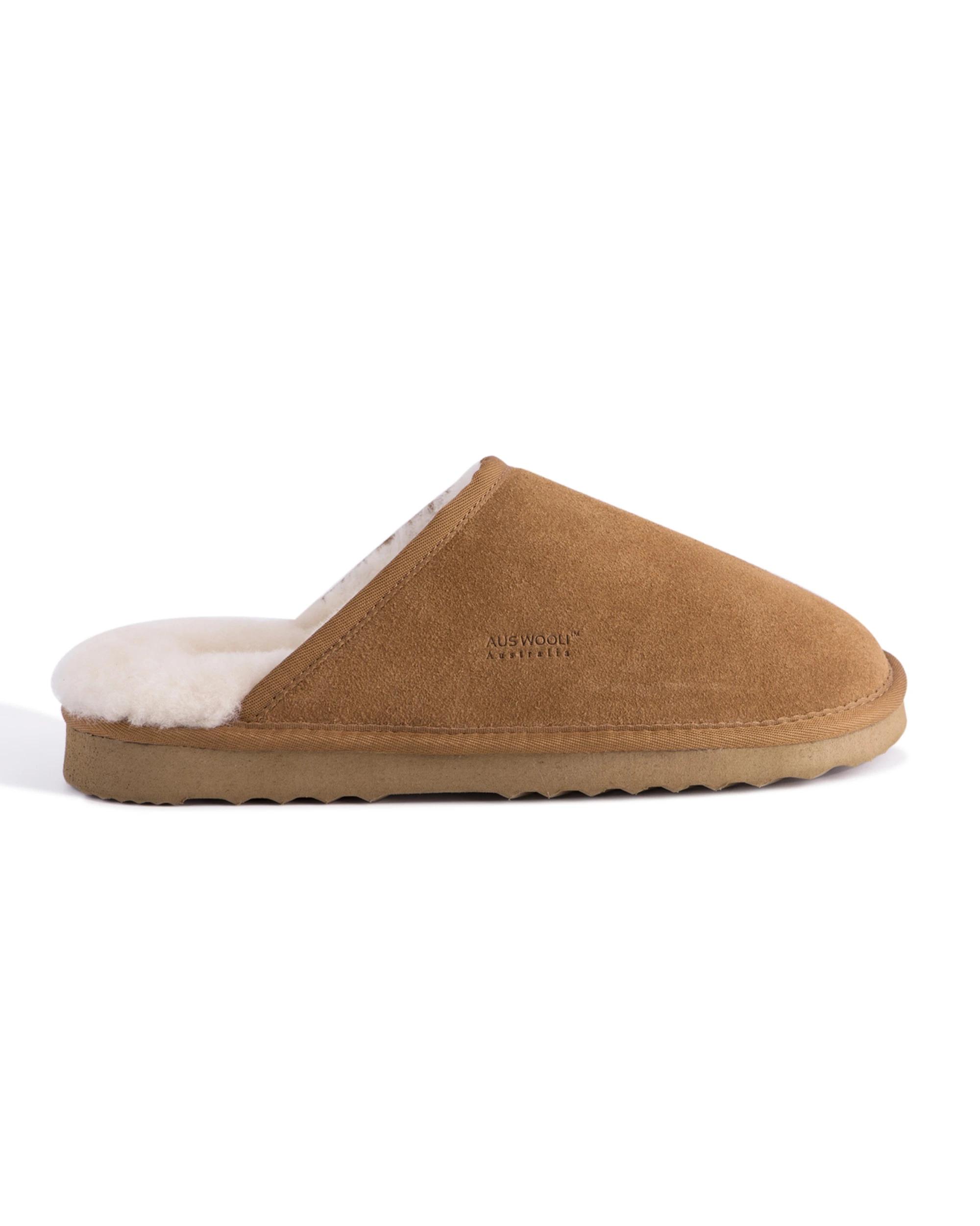1 AUS WOOLI Sheepskin Wool Manly Slippers TAN, 1 of 5