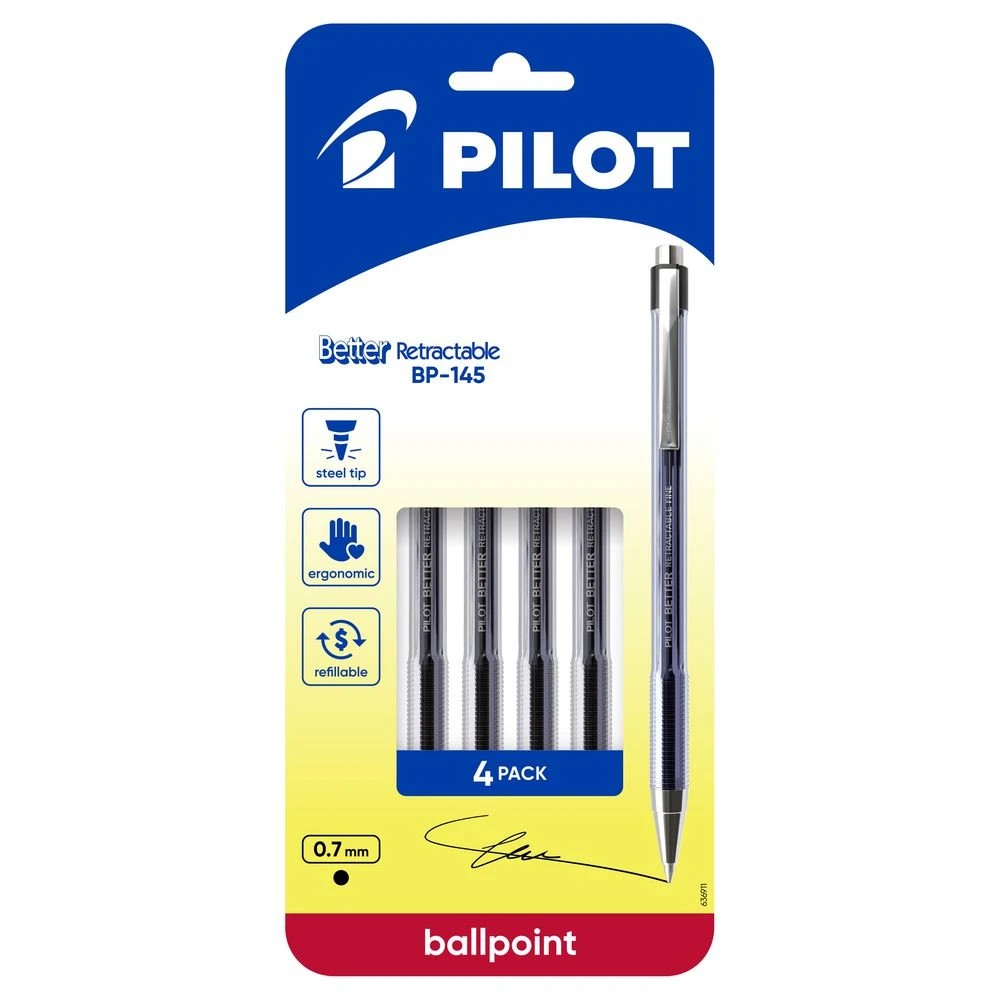 1 PILOT BP-145 Retractable Ballpoint Pen Fine 0.7mm Black 4 Pk, 1 of 8