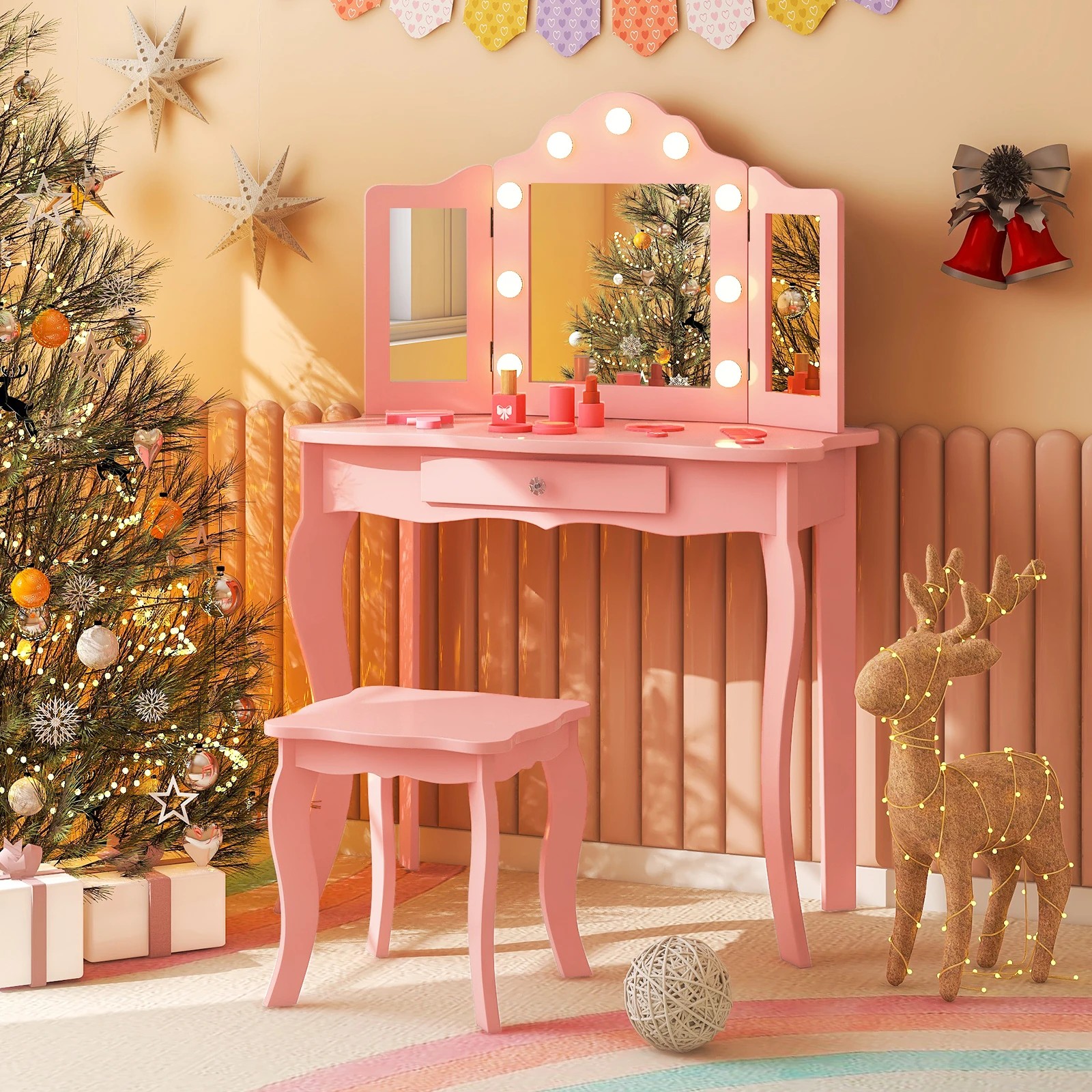 2 Costway Dressing Table Stool Set Princess w/Tri-Folding Mirror - Pink, 2 of 3
