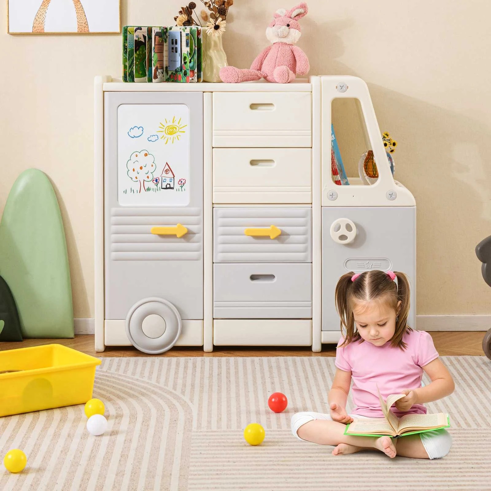 2 Costway Car Shaped Toy Storage Cabinet Display Shelf w/Drawing Board - Grey, 2 of 3