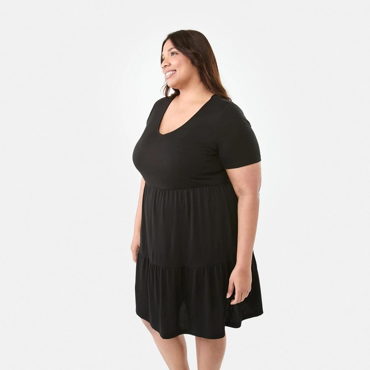 2 Curve Short Sleeve V-Neck Knit Mini Dress Black, 2 of 7