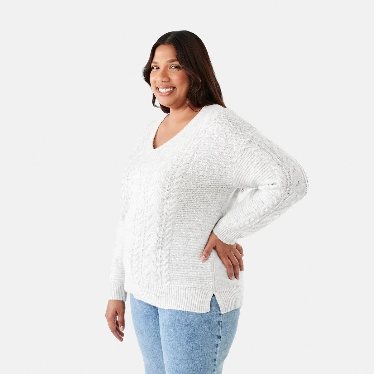 2 Curve Cable V-Neck Jumper Wht Marle, 2 of 6