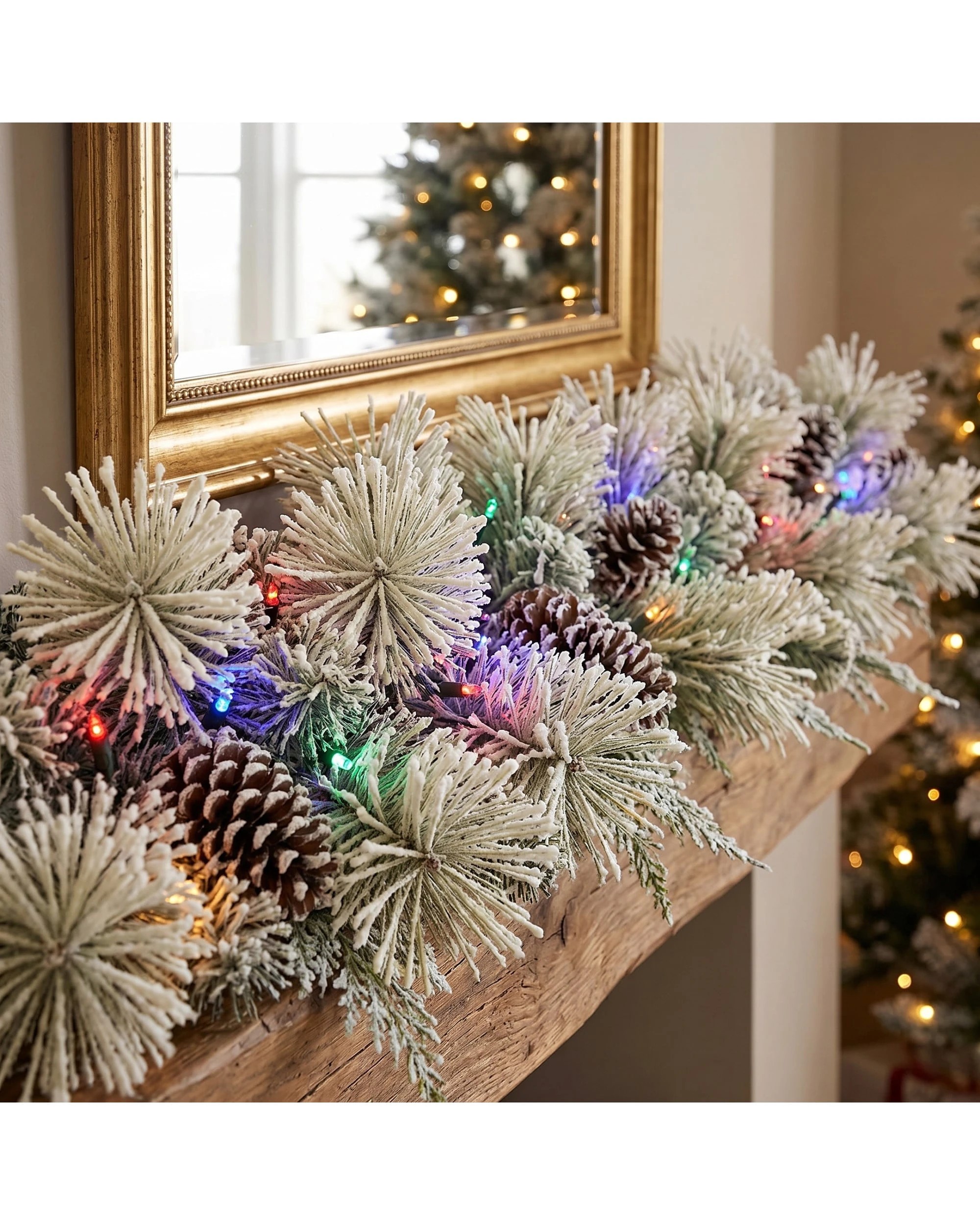 6 Christabelle 2.74m Pre-Lit Flocked Garland, Pine Cones, LED Timer - White, 6 of 9