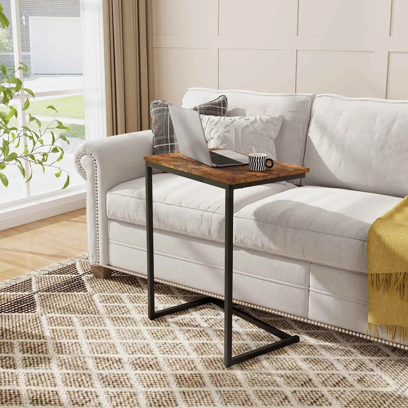2 Costway C-shaped Bed End Table Vintage Accent Sofa Side Table w/Metal Frame, 2 of 3