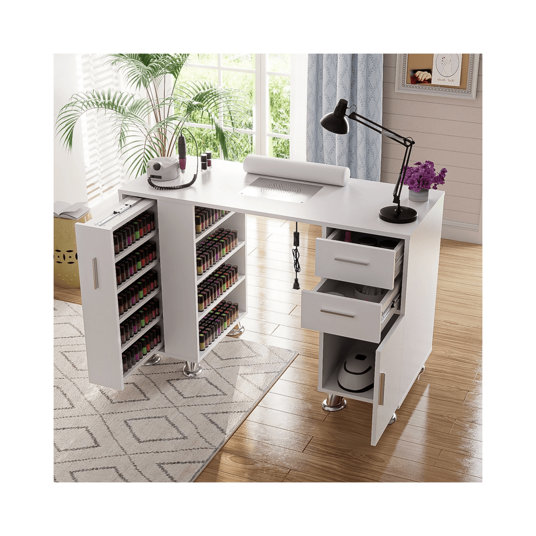 2 Advwin Manicure Table Nail Tech Desk Dressing Table Dust Collector Drawers Cabinet Storage
 - White, 2 of 10