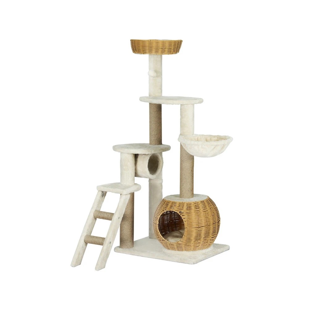 1 i.Pet Cat Tree 138cm Tower Scratching Post Scratcher Wood Bed Condo House Rattan Ladder - Multi, 1 of 4