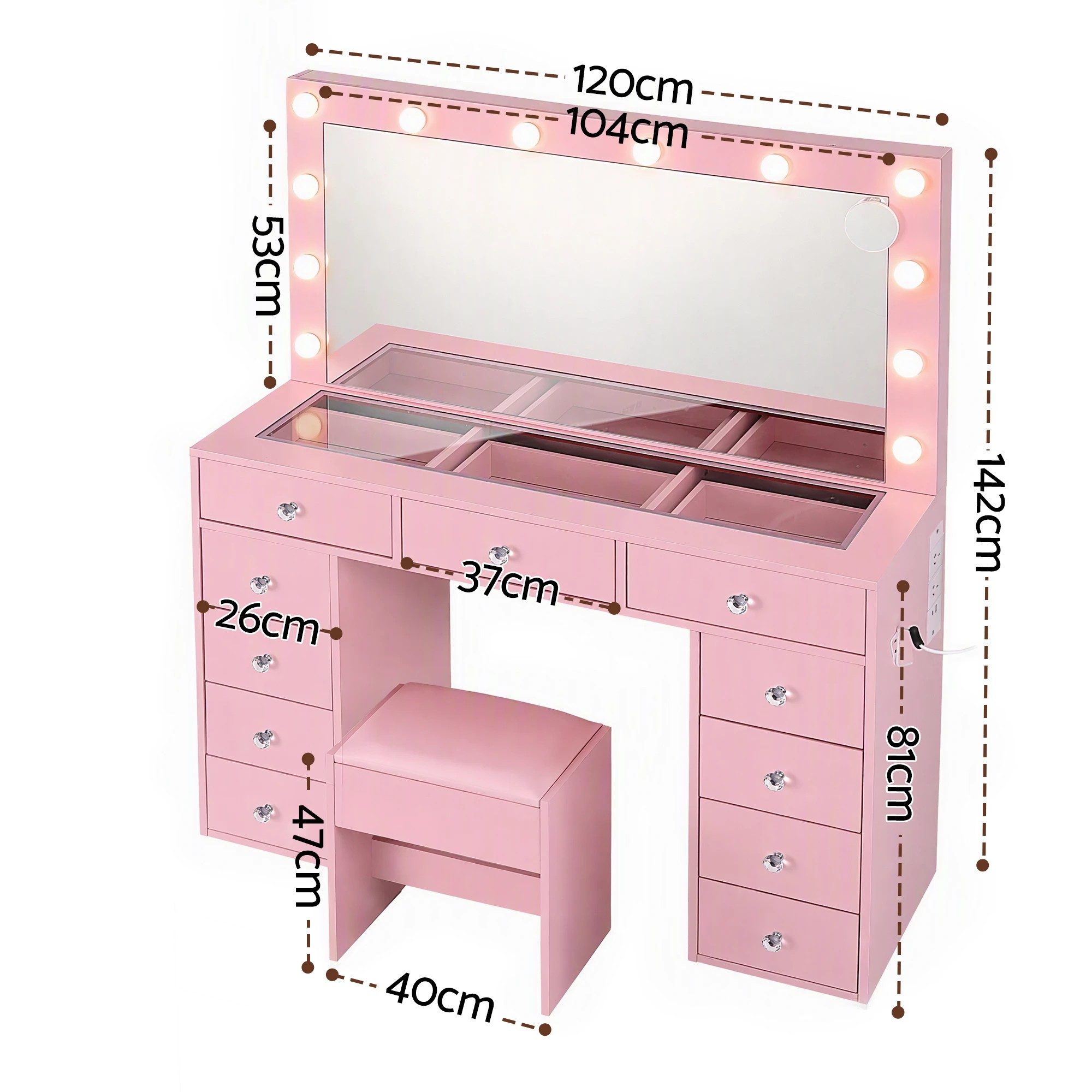 3 Artiss Dressing Table Charging Station LED Vanity Desk Set Stool Glass Top Make up Mirror Storage Drawer - Pink, 3 of 9