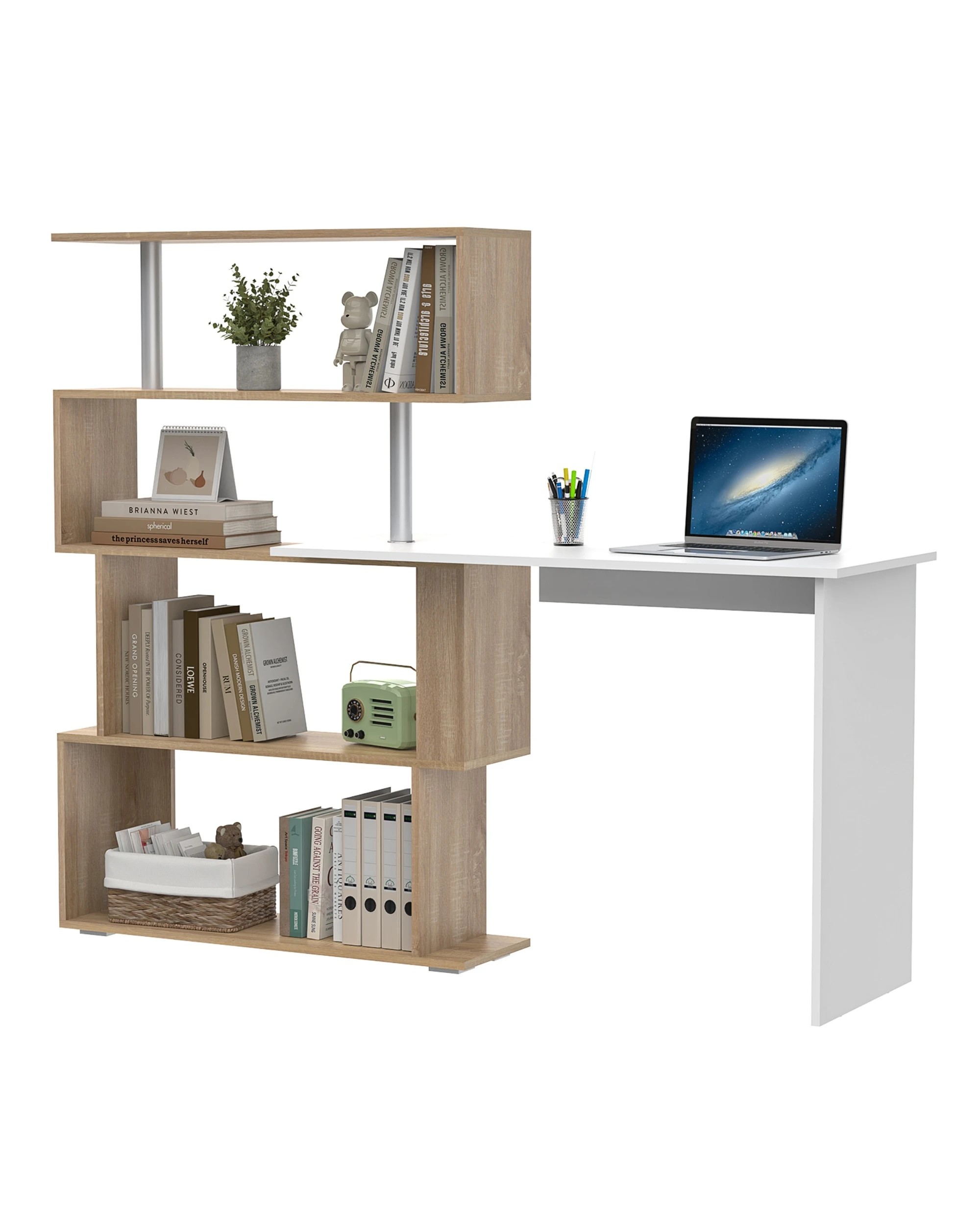 5 Ufurniture Rotating Computer Desk with Bookshelf - Natural, 5 of 8
